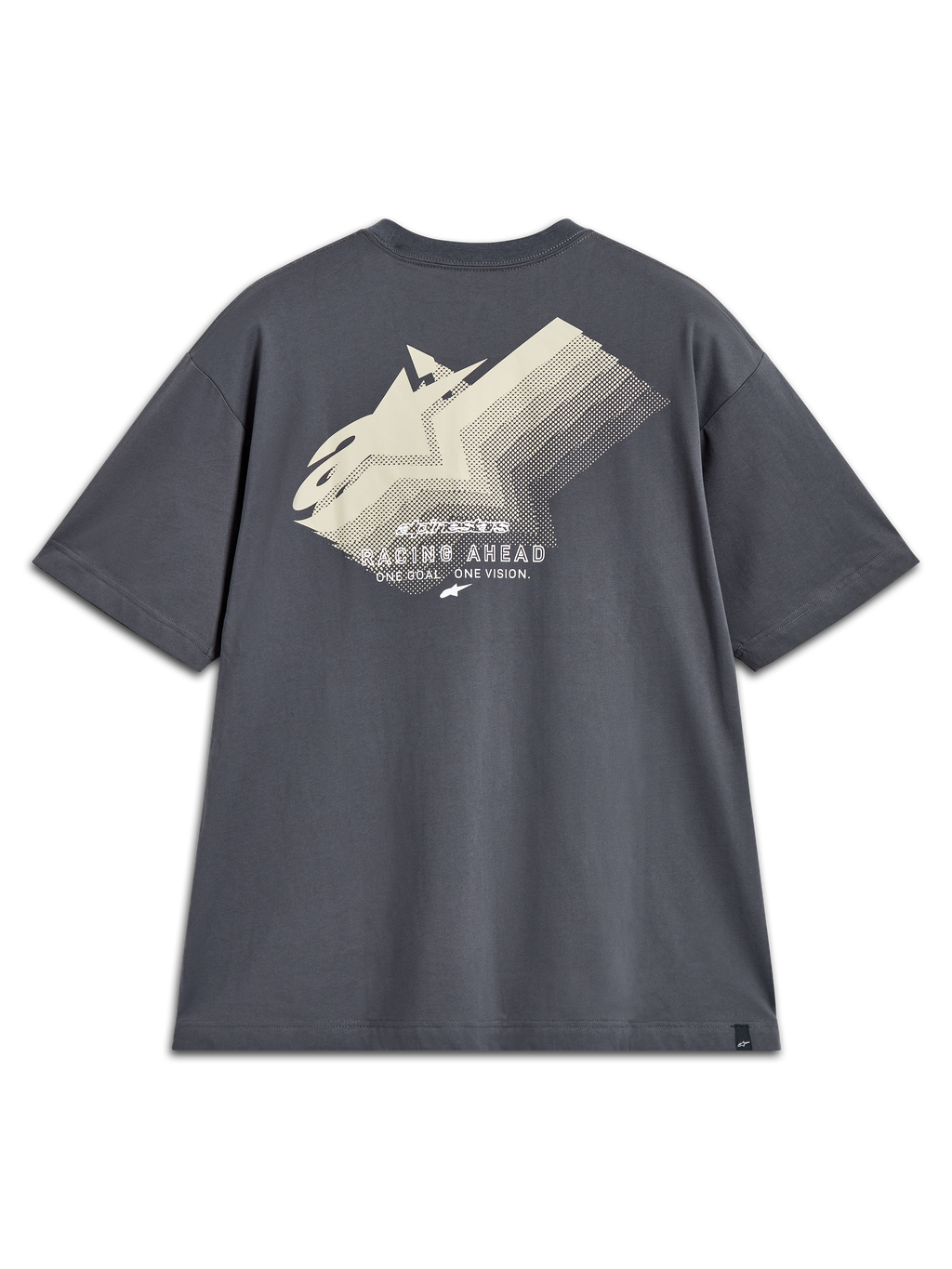 Alpinestars Ghost Oversized CSF Tee, t-shirt gris anthracite, vue de dos avec logo dégradé blanc cassé et texte Racing Ahead.