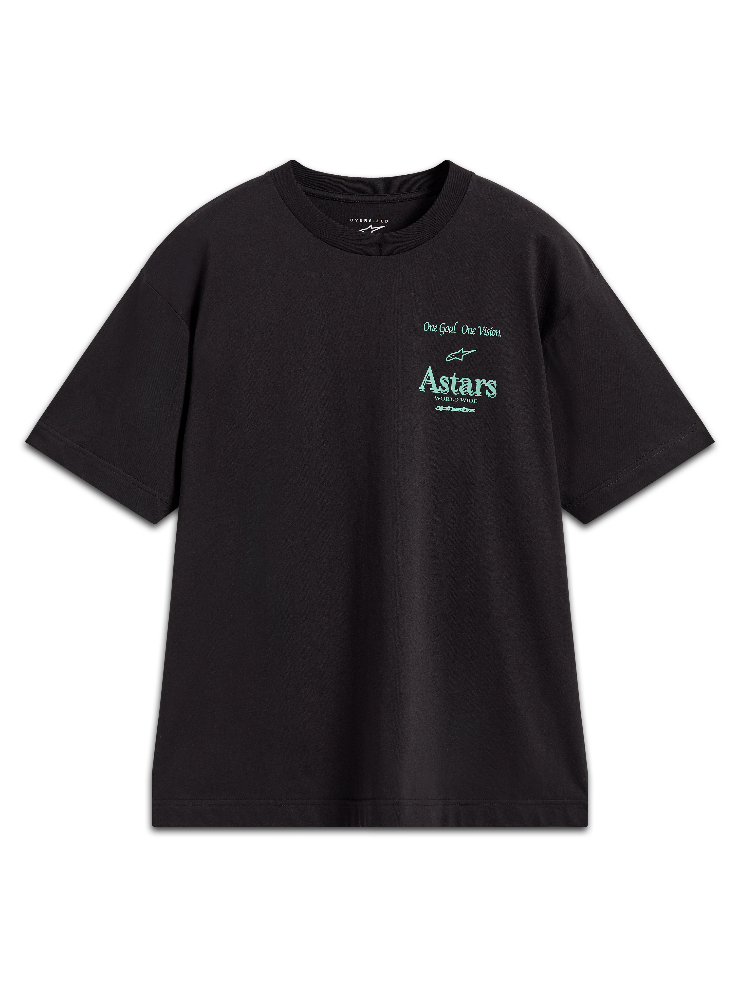 Alpinestars Post Oversized CSF Tee, t-shirt à manches courtes noir, logo Astars et slogan One Goal One Vision bleu sarcelle, coupe oversized décontractée, style sportswear