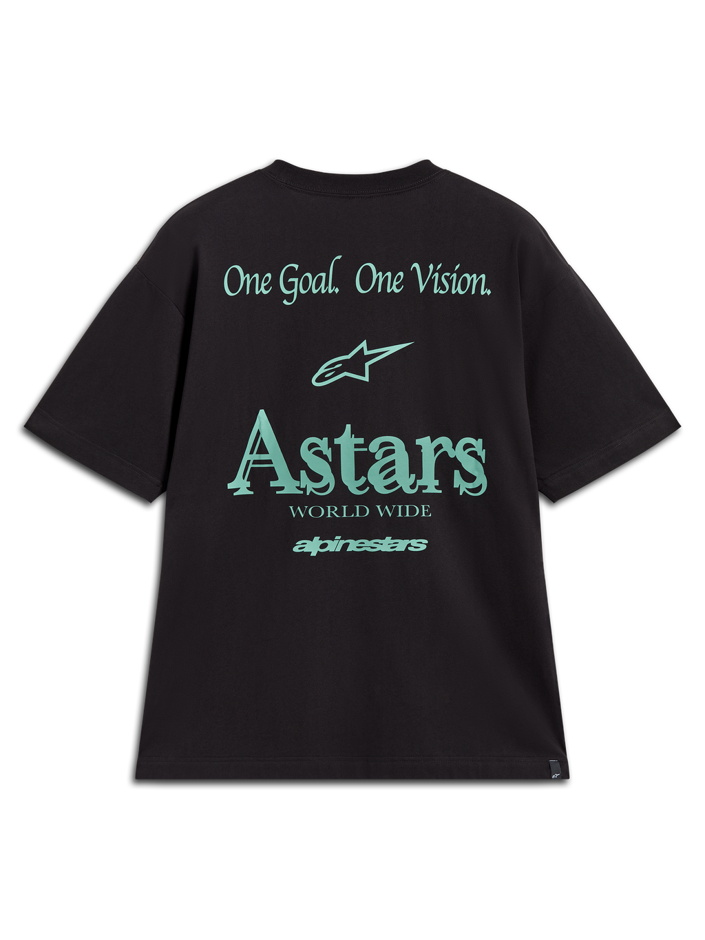 Alpinestars Post Oversized CSF Tee, t-shirt noir et bleu sarcelle, vue de dos avec logo Astars et slogan One Goal One Vision