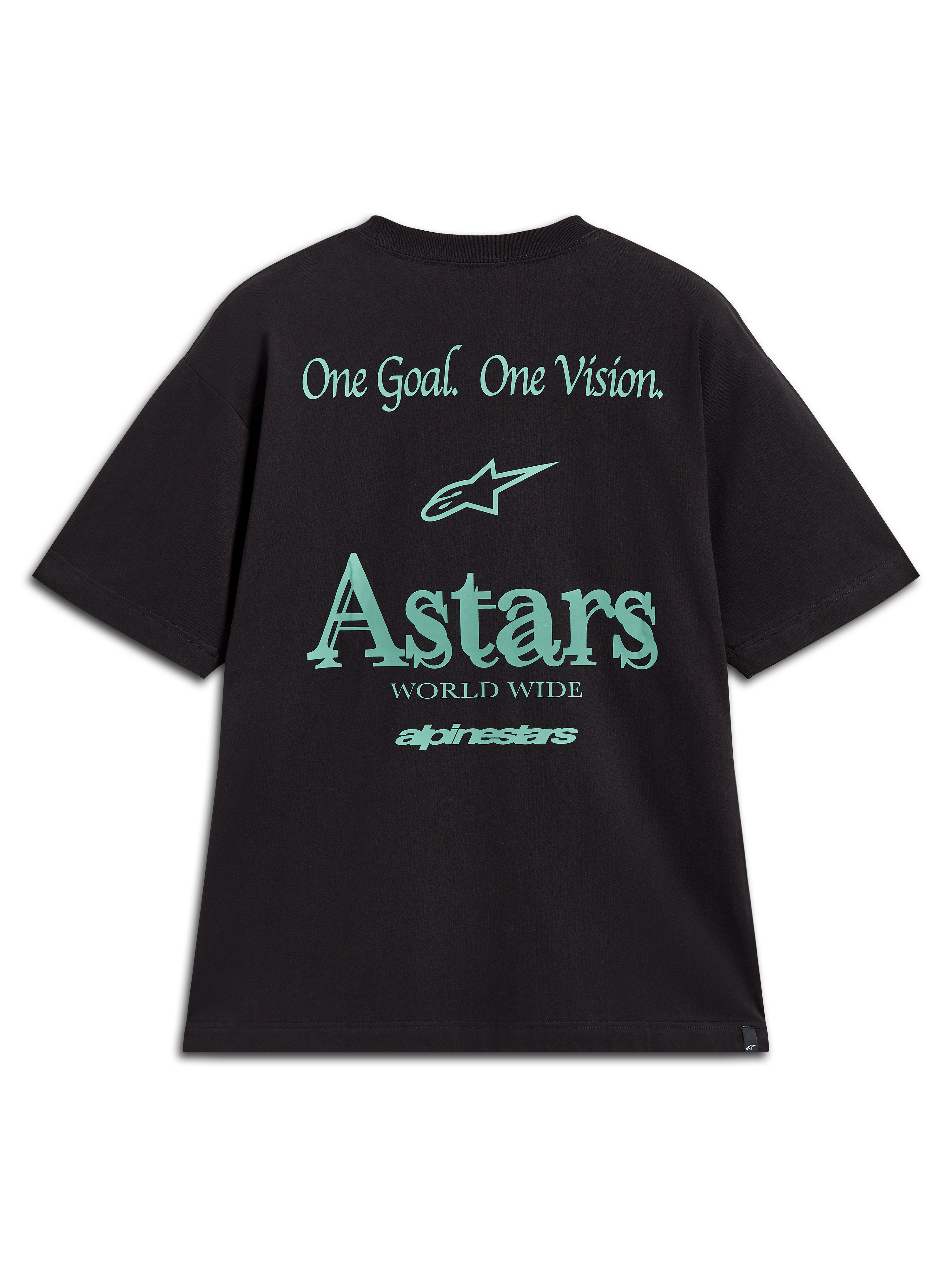 Alpinestars Post Oversized CSF Tee, t-shirt noir et bleu sarcelle, vue de dos avec logo Astars et slogan One Goal One Vision