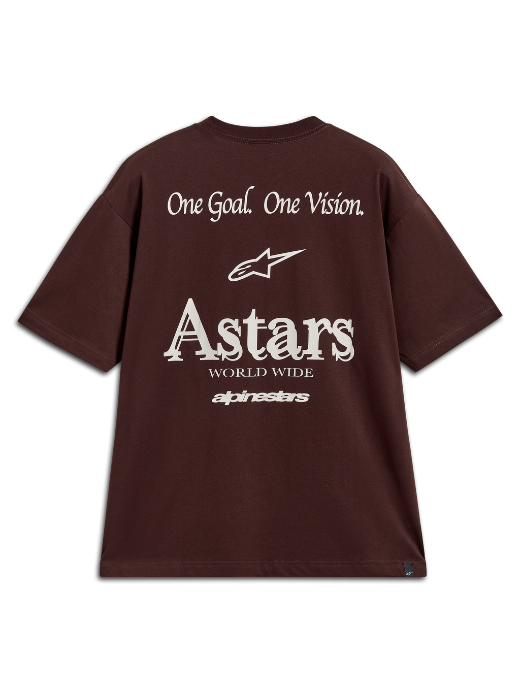 Alpinestars Post Oversized CSF Tee, t-shirt marron à manches courtes, vue de dos avec logos blancs One Goal One Vision.