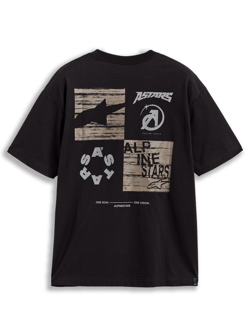 T-shirt Alpinestars Checkback Oversized CSF, noir, manches courtes, graphique damier au dos et manifeste One Goal One Vision.