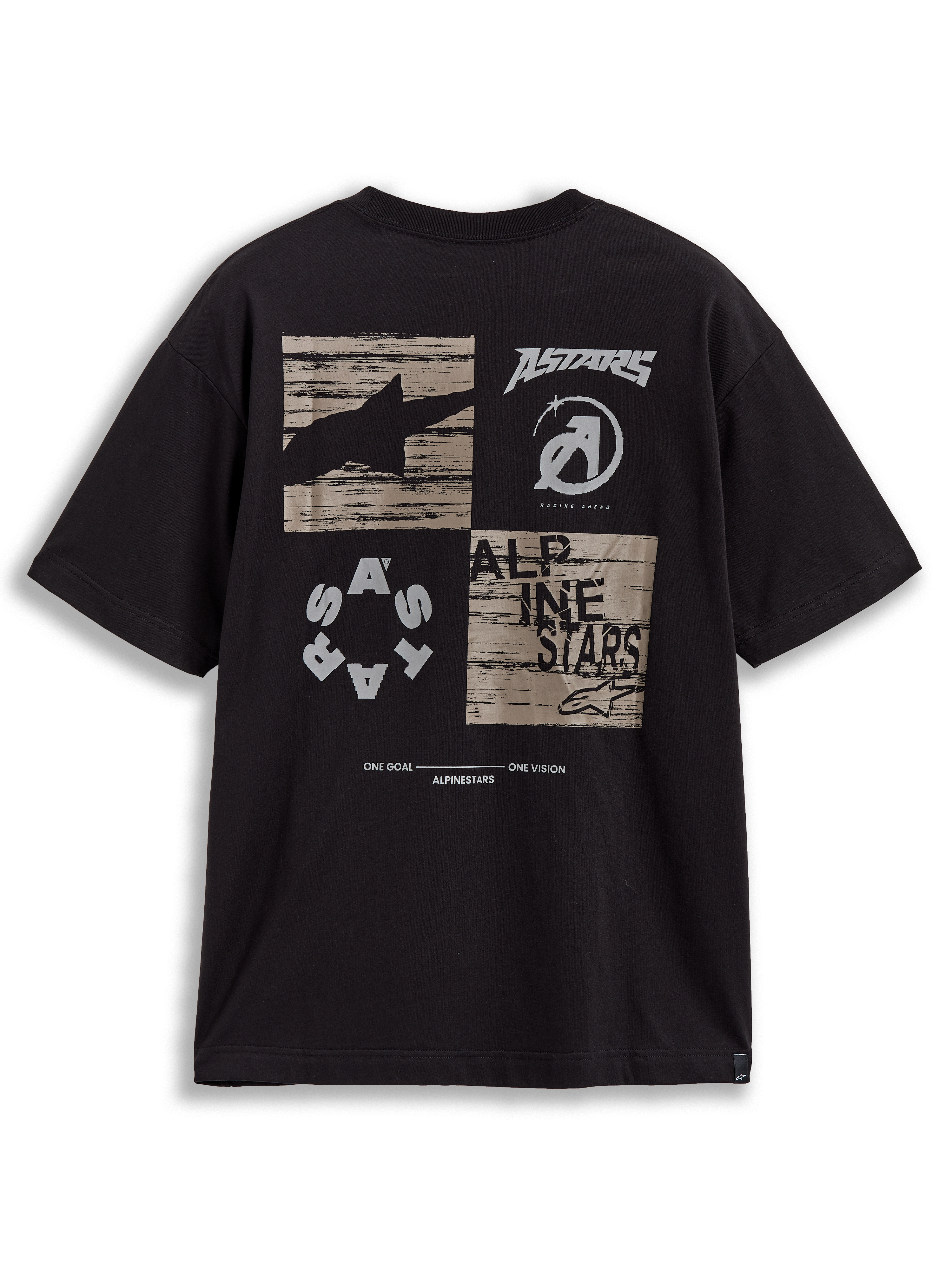 T-shirt Alpinestars Checkback Oversized CSF, noir, manches courtes, graphique damier au dos et manifeste One Goal One Vision.