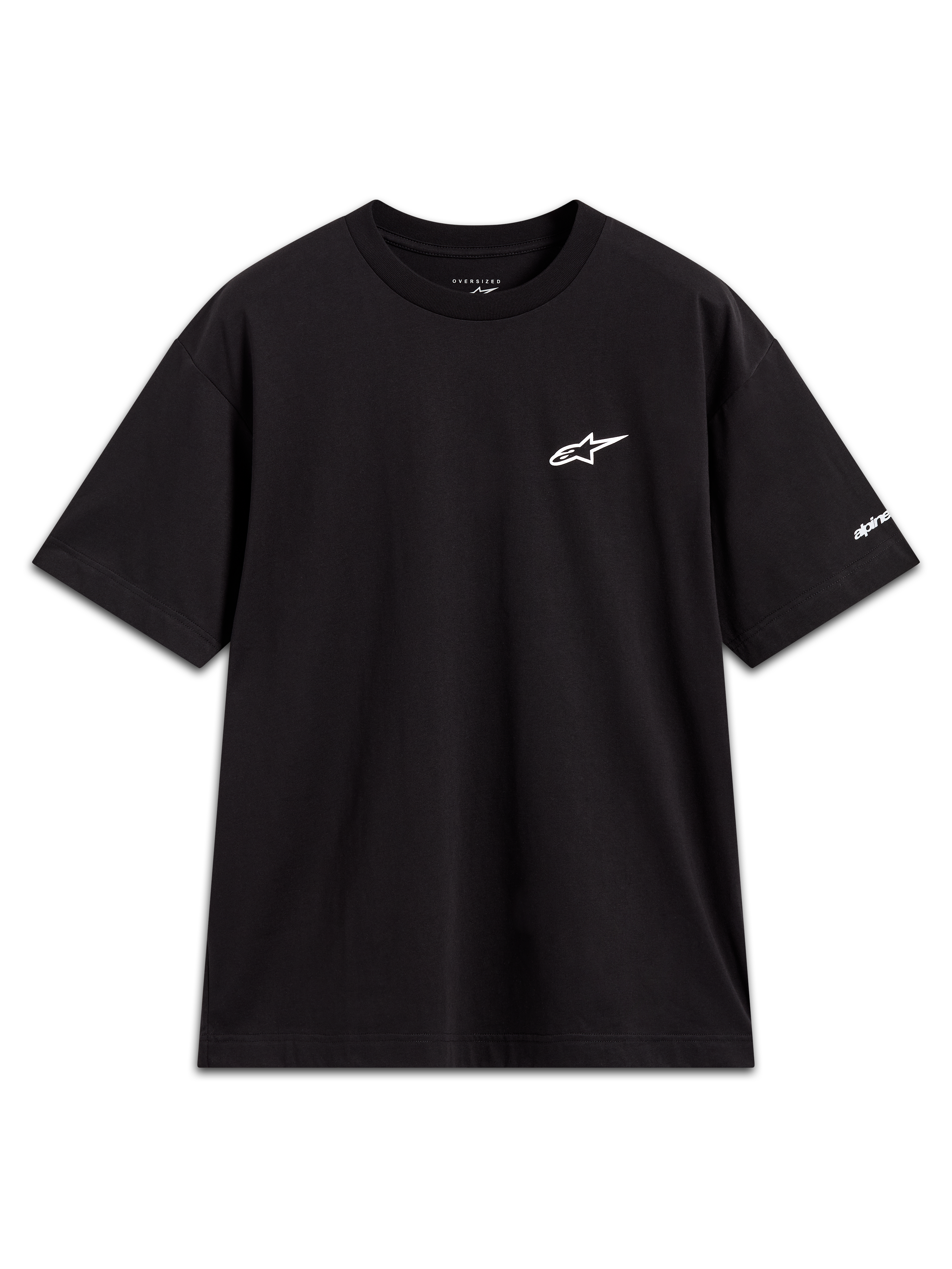 Alpinestars Mandate Oversized CSF Tee, t-shirt à manches courtes, noir, logo Astars blanc en impression puff sur la poitrine et graphique sur la manche, coupe oversize décontractée