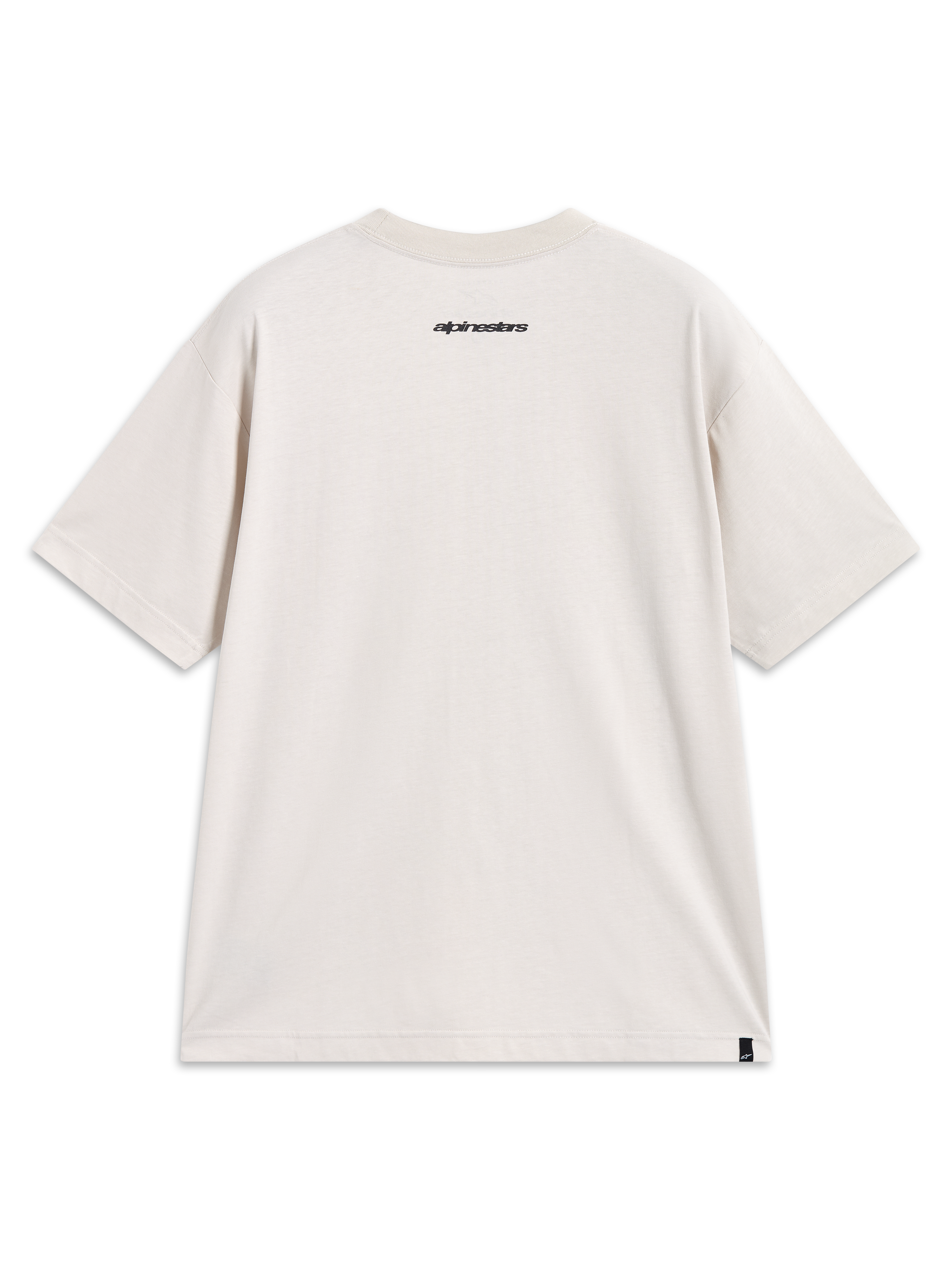 Alpinestars Mandate Oversized CSF Tee, t-shirt de sportswear à manches courtes, beige, vue de dos avec logo graphique au col et étiquette à l'ourlet.
