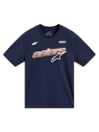 T-shirt Alpinestars Cypress CSF bleu marine à manches courtes, logo Astars au remplissage mesh et slogan Alpinestars Protects.
