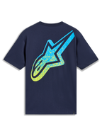 Alpinestars Meteor CSF Tee, t-shirt manches courtes bleu marine, grand logo Astars en dégradé jaune et bleu au dos