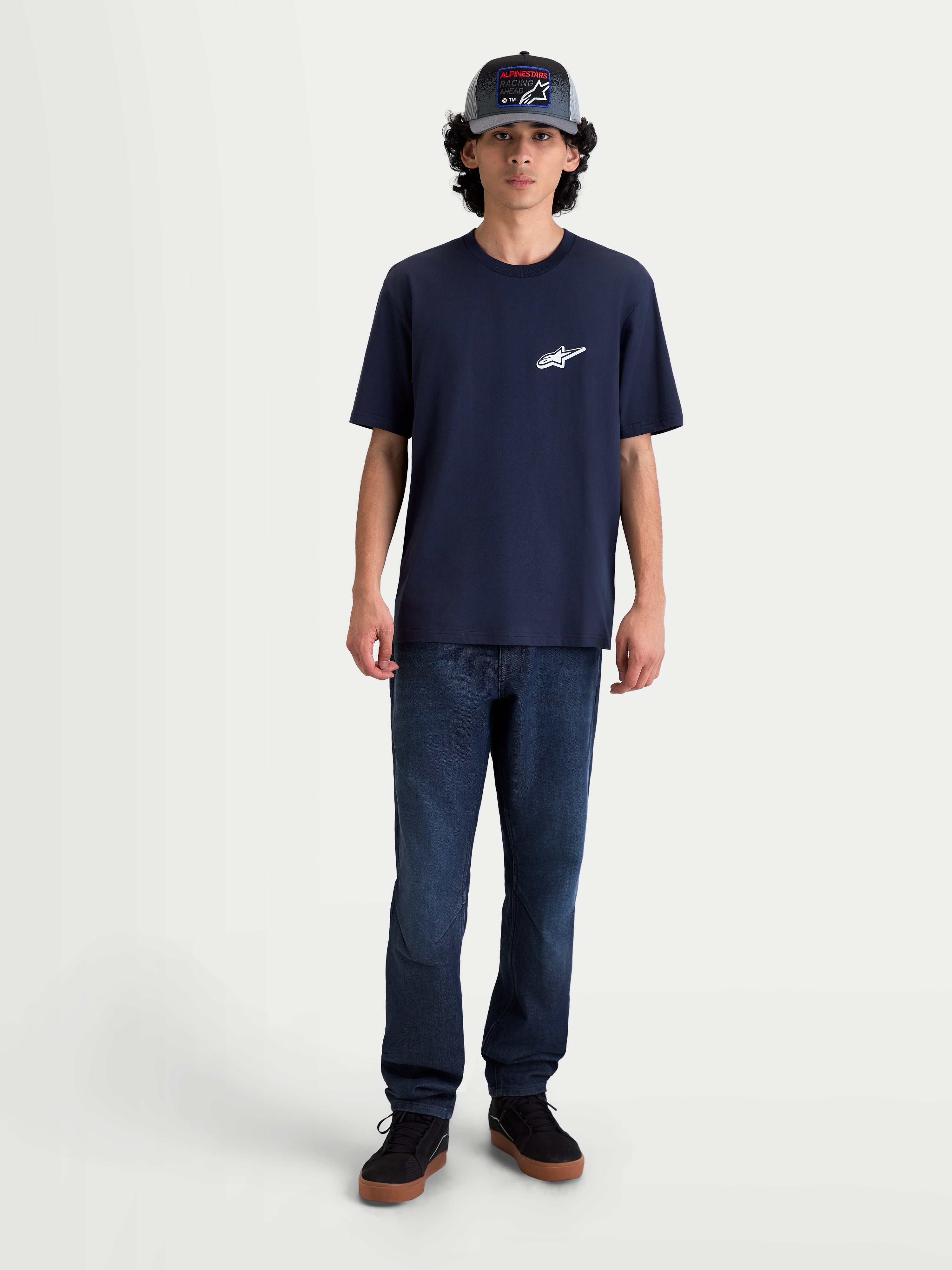 Alpinestars Meteor CSF Tee, t-shirt de sportswear à manches courtes pour homme, bleu marine avec petit logo Astars blanc sur la poitrine, mélange de coton et polyester, style motorsport décontracté
