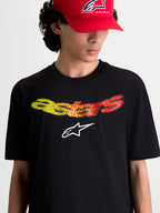 Alpinestars T-shirt Elliptogrit CSF, t-shirt sportswear à manches courtes pour homme, noir avec graphique Astars en dégradé jaune et rouge sur la poitrine, mélange coton-polyester, style décontracté