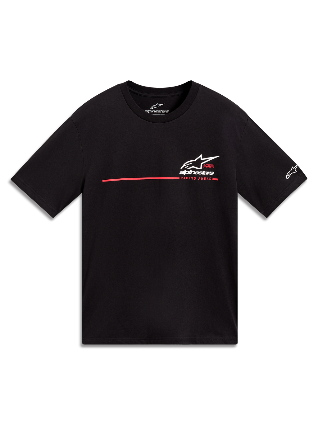 Alpinestars P1 CSF Tee, t-shirt à manches courtes noir, logo Astars blanc et bande de course rouge sur la poitrine.