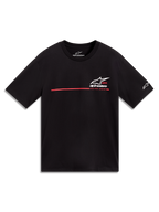 Alpinestars P1 CSF Tee, t-shirt à manches courtes noir, logo Astars blanc et bande de course rouge sur la poitrine.