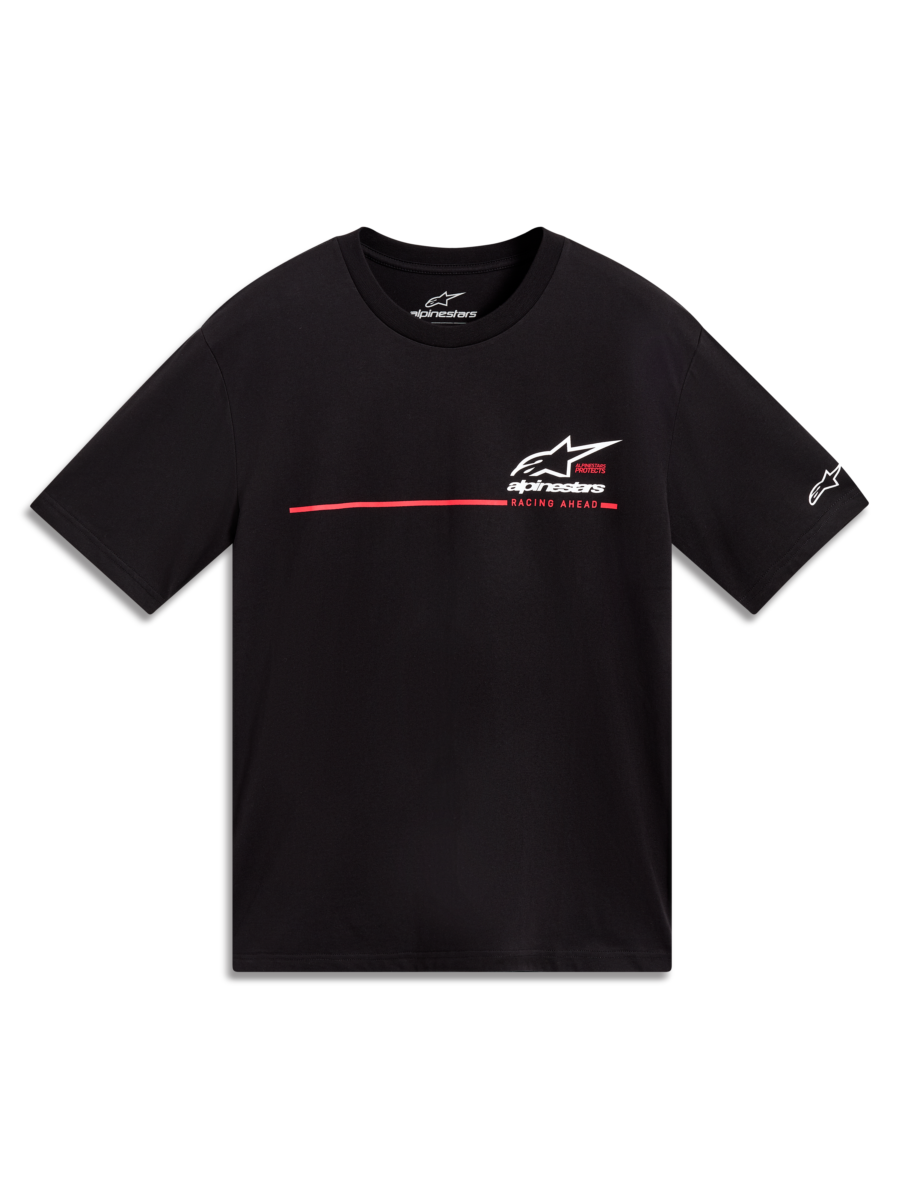 Alpinestars P1 CSF Tee, t-shirt à manches courtes noir, logo Astars blanc et bande de course rouge sur la poitrine.