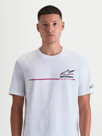 Alpinestars T-Shirt P1 CSF, t-shirt sportswear à manches courtes, blanc avec graphisme rouge et noir, logo Astars, bande de course rouge et texte 'Racing Ahead', mélange de coton et polyester