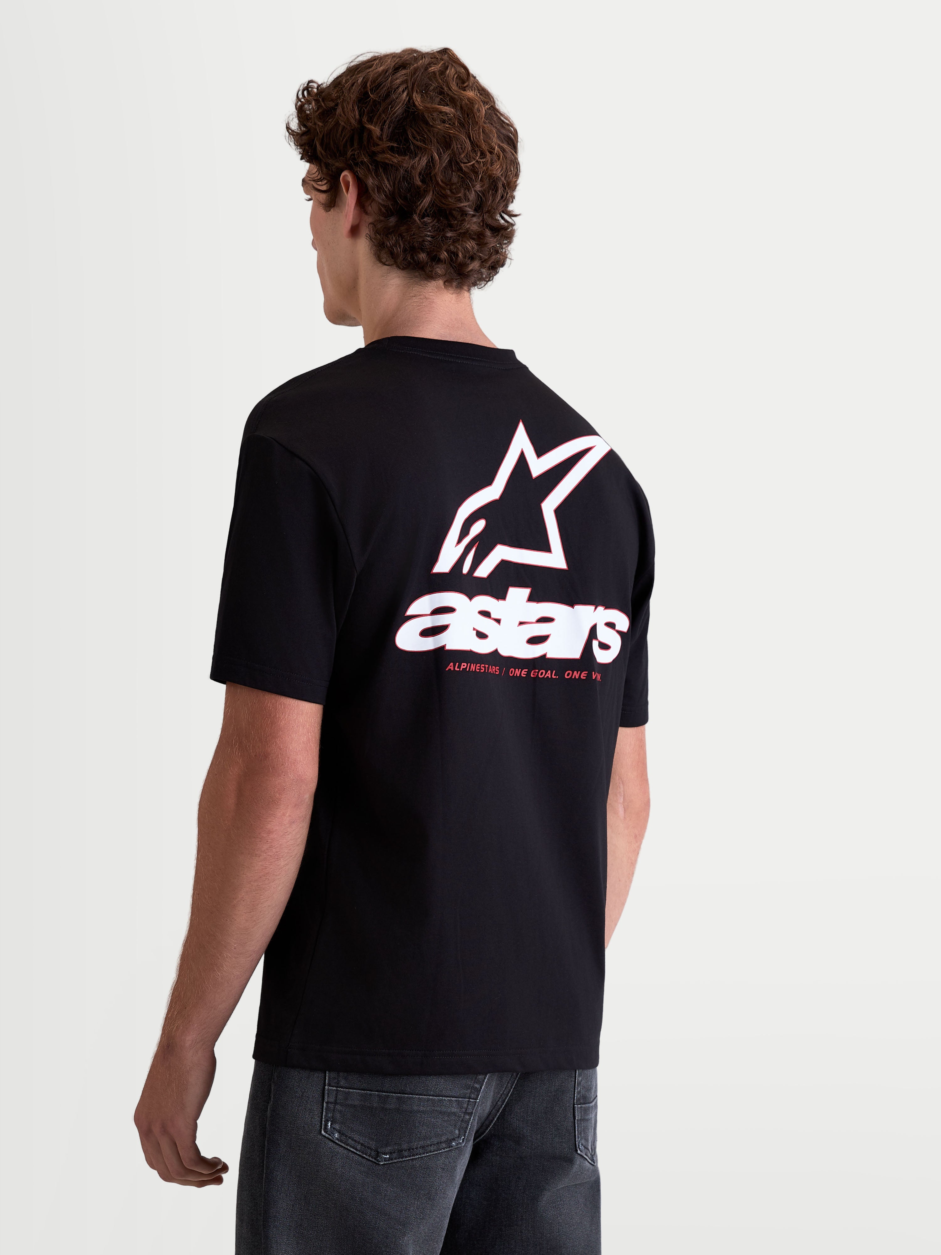 Alpinestars Lineout CSF, t-shirt à manches courtes pour homme, noir, vue de dos avec un grand graphique logo Astars blanc et rouge, style sportswear décontracté, mélange coton et polyester
