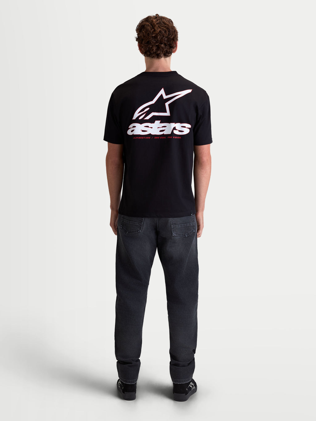 Alpinestars Lineout CSF, t-shirt à manches courtes pour homme, noir et blanc, style sportswear, vue de dos montrant un grand logo Astars blanc et texte graphique, conçu en mélange de coton et polyester