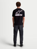 Alpinestars Lineout CSF, t-shirt à manches courtes pour homme, noir et blanc, style sportswear, vue de dos montrant un grand logo Astars blanc et texte graphique, conçu en mélange de coton et polyester