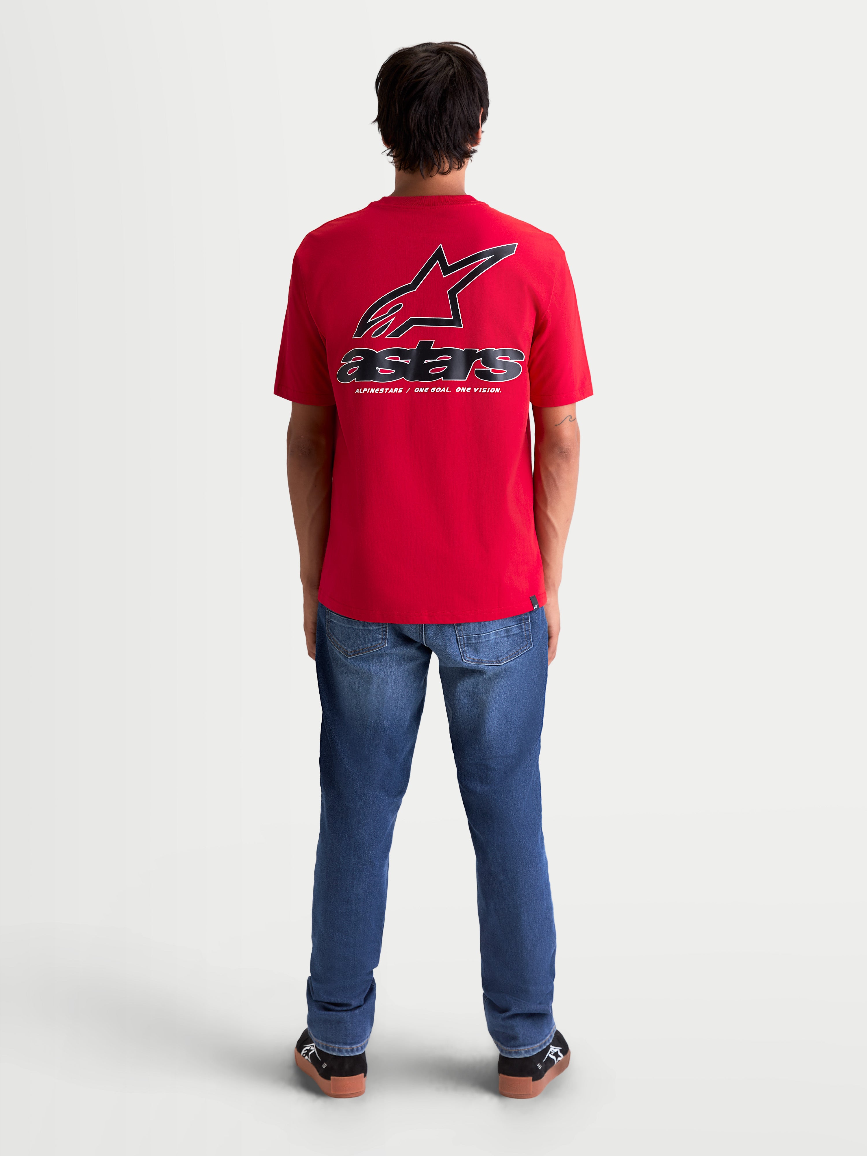 Alpinestars T-Shirt Lineout CSF, t-shirt de sportswear à manches courtes pour homme, rouge avec logo Astars et texte noir et blanc imprimé au dos, style décontracté