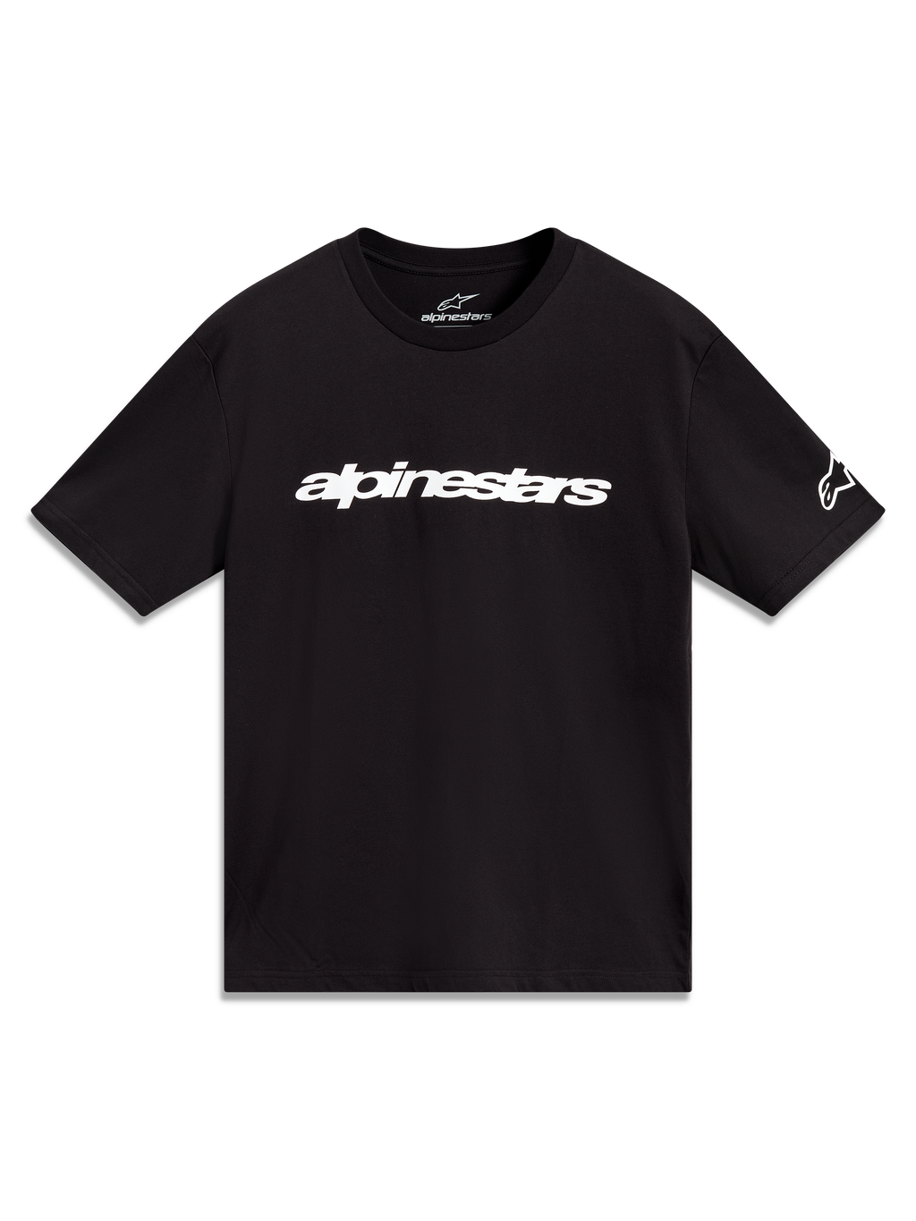 Alpinestars Race Wordmark CSF, t-shirt de sportswear noir à manches courtes, logo linéaire blanc et graphique sur la manche.