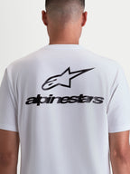 Alpinestars Combo Back CSF Tee, Short Sleeve Sportswear T-shirt, White and Black, back view on model featuring large black Alpinestars logo and wordmark graphic, premium cotton-poly blend.