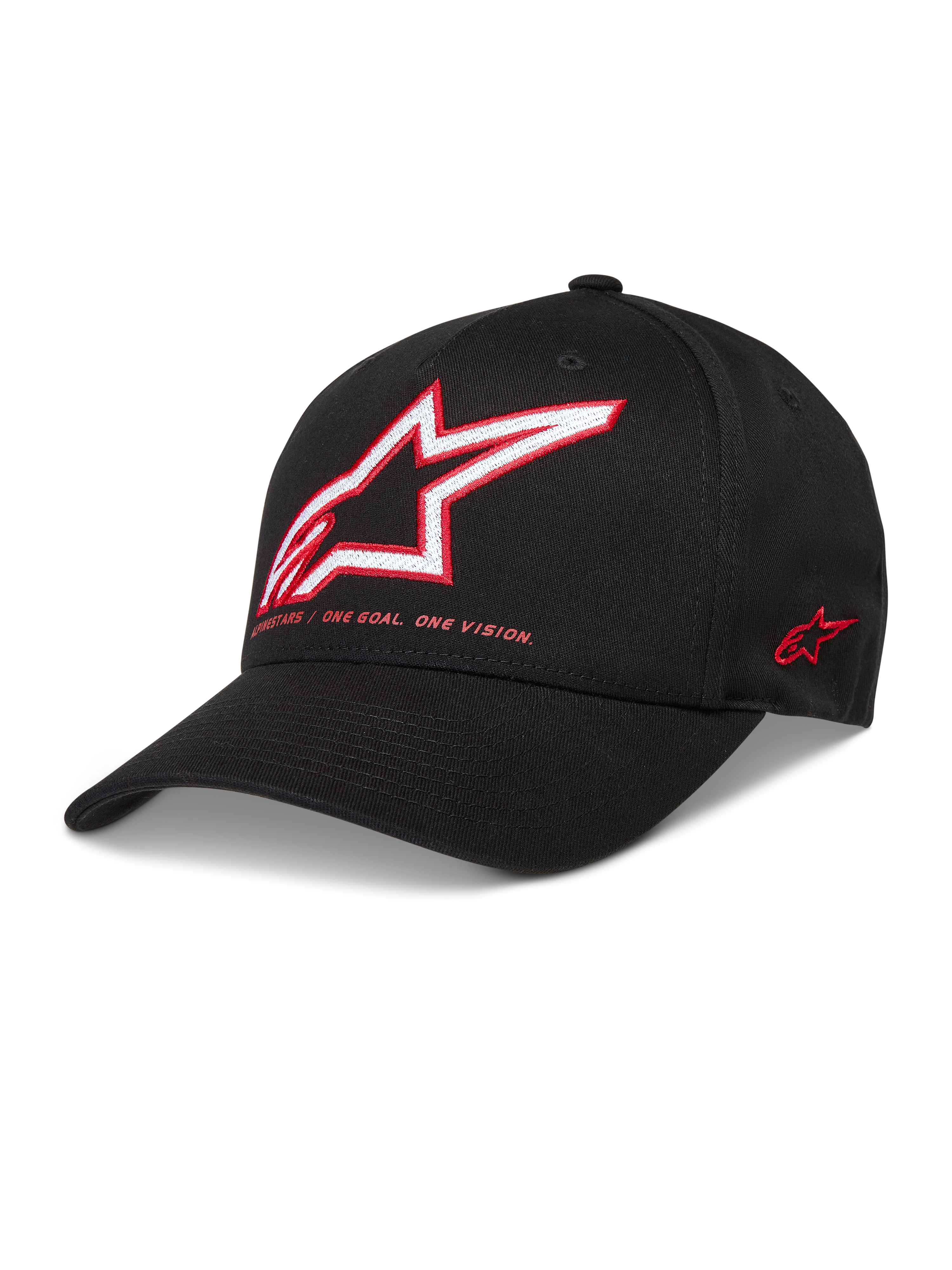 Alpinestars Lineout, casquette de type baseball en sergé noire, logo Astars brodé rouge et blanc, visière incurvée et couronne structurée, style sportswear