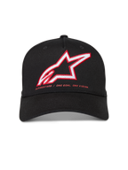 Alpinestars Lineout Casquette, casquette noire en sergé structuré avec visière incurvée, logo Astars brodé rouge et blanc et devise de la marque.