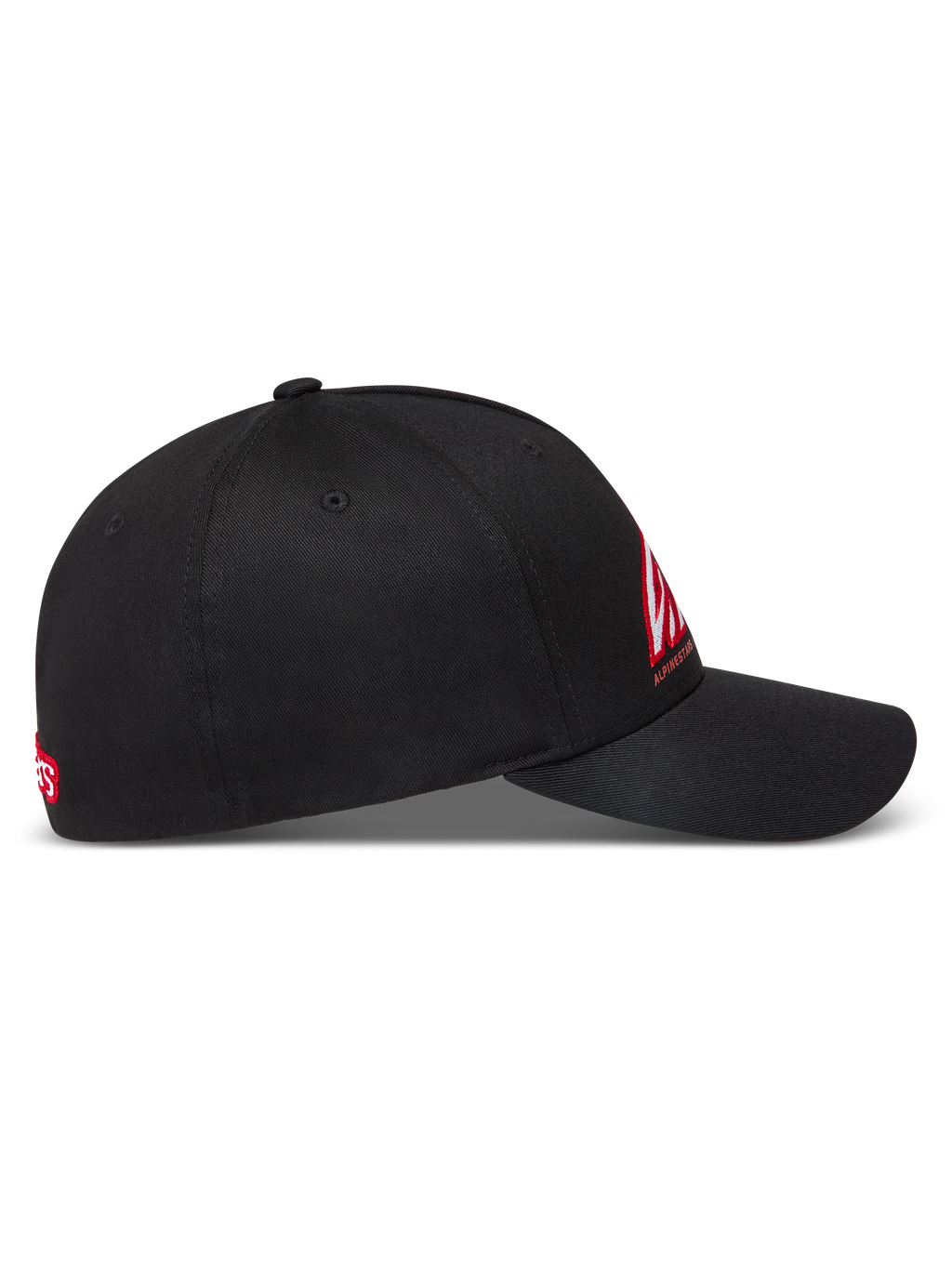 Alpinestars Lineout, casquette noire à visière incurvée, logo rouge et blanc, couronne structurée en sergé, vue latérale