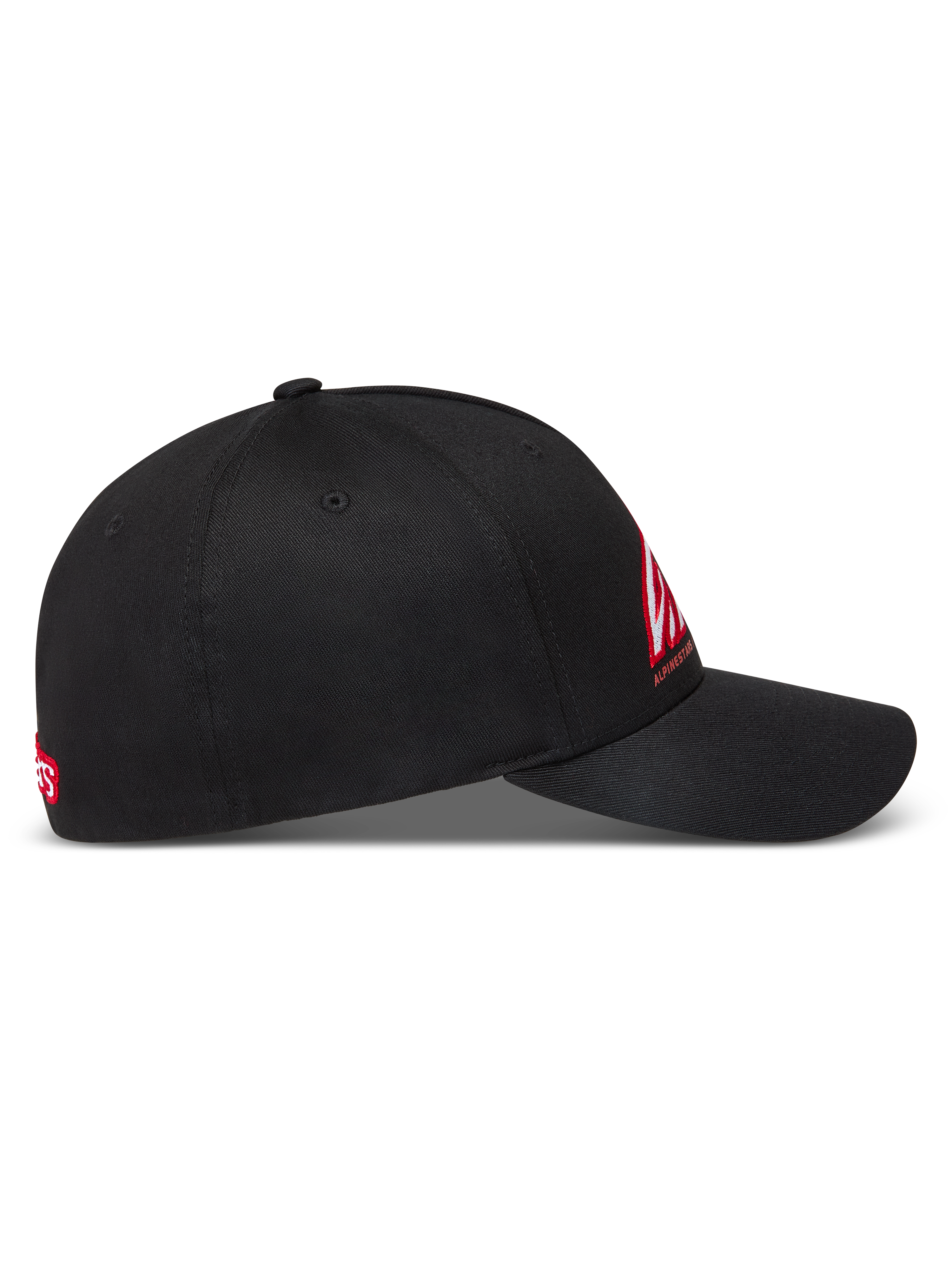 Alpinestars Lineout, casquette noire à visière incurvée, logo rouge et blanc, couronne structurée en sergé, vue latérale