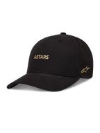 Alpinestars County Canvas Hat, black structured sportswear cap with a curved bill and gold embroidered Astars logo.