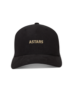 Alpinestars County Canvas Hat in black, featuring a gold embroidered ASTARS logo, curved bill, and structured crown.
