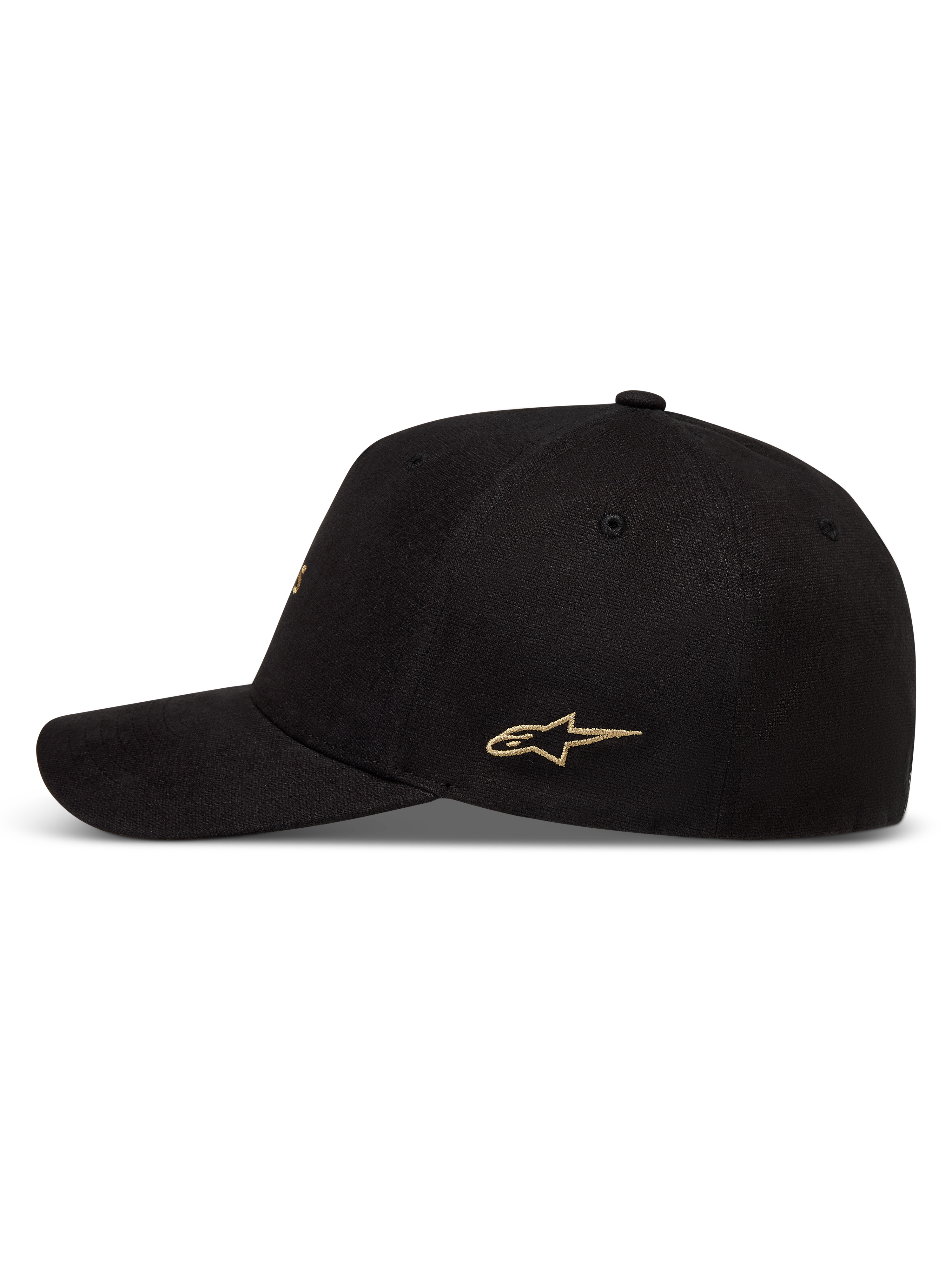 Alpinestars County Canvas Hat, black curved bill sportswear cap with structured crown and gold side logo.