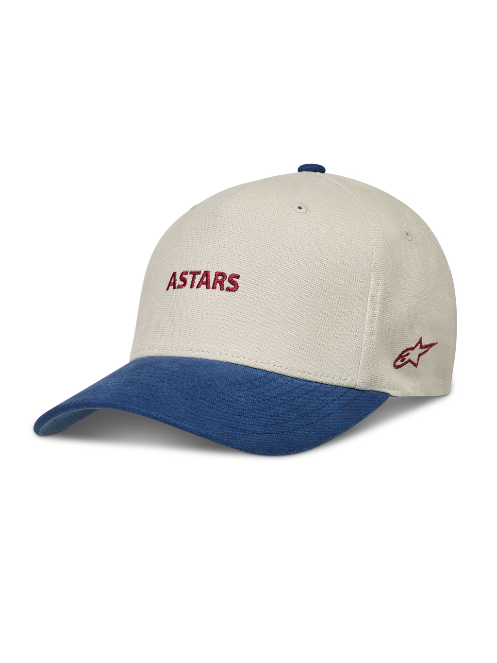 Alpinestars County Canvas Casquette, casquette sportswear sable et bleue avec visière courbée et logo Astars rouge brodé.