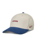 Alpinestars County Canvas Casquette, casquette sportswear sable et bleue avec visière courbée et logo Astars rouge brodé.
