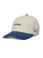Alpinestars County Canvas Casquette, casquette sportswear sable et bleue avec visière courbée et logo Astars rouge brodé.