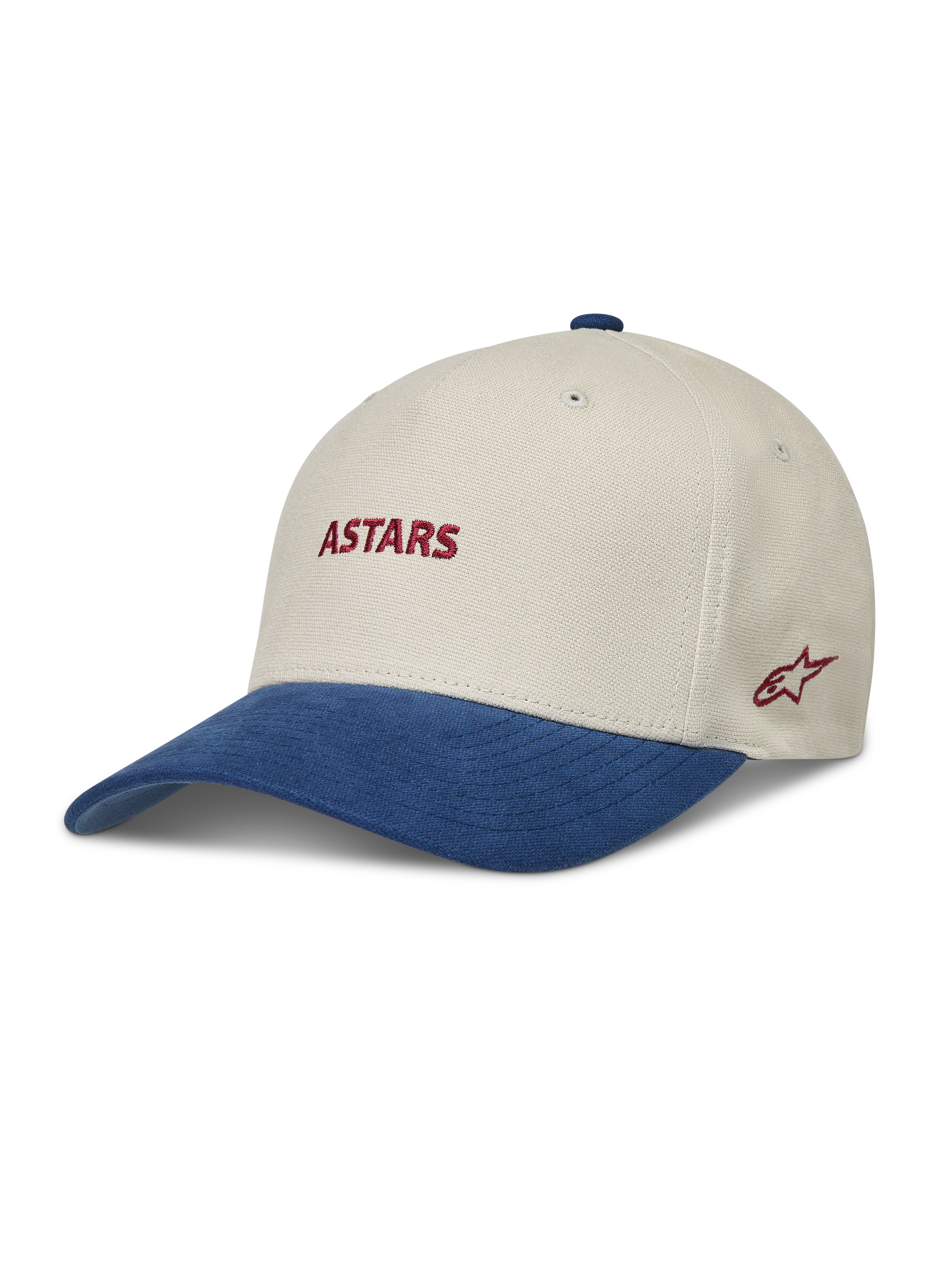 Alpinestars County Canvas Casquette, casquette sportswear sable et bleue avec visière courbée et logo Astars rouge brodé.