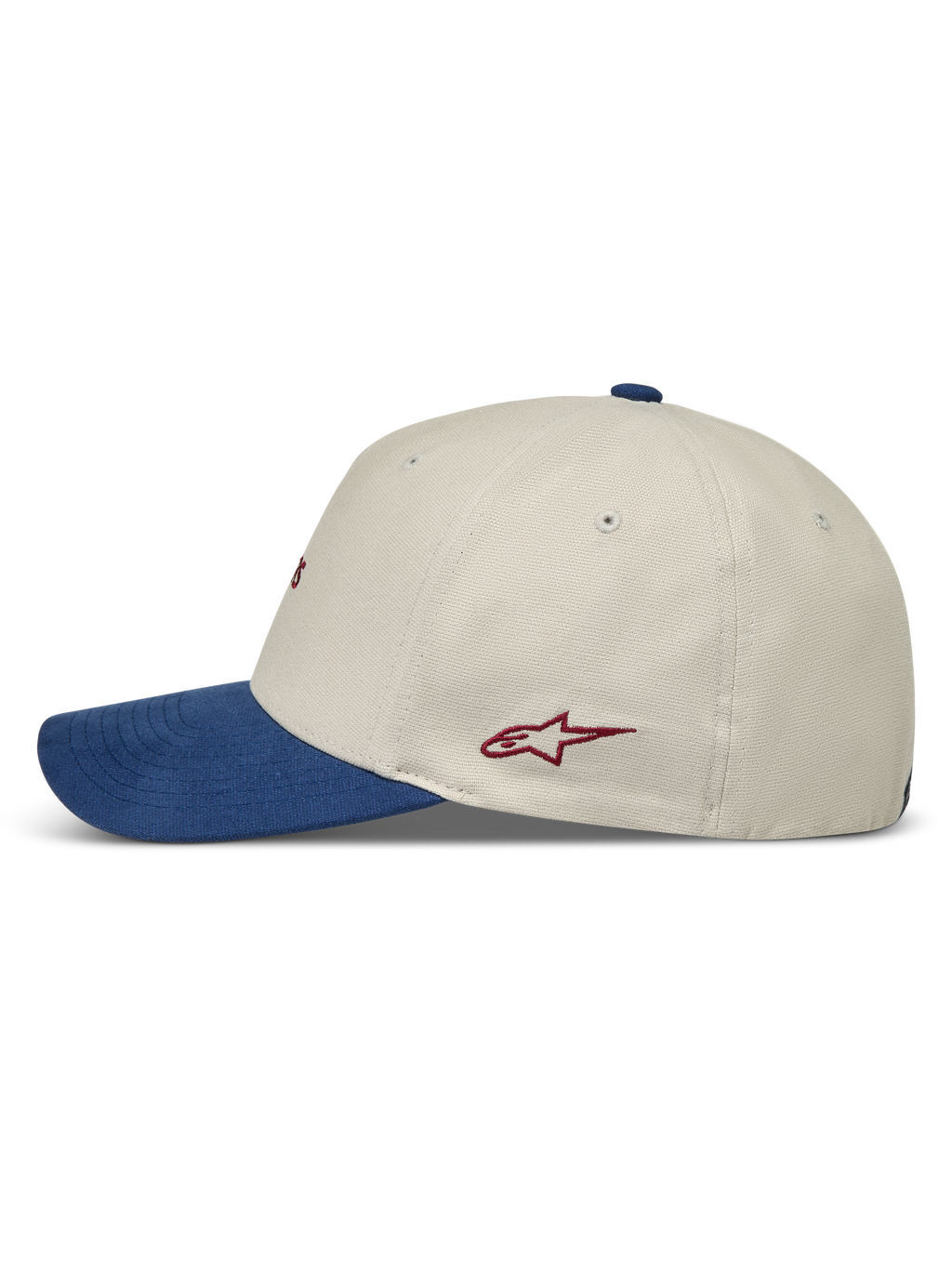 Alpinestars County Canvas Casquette, casquette sportswear sable et bleue de profil, visière courbée et logo Astars rouge.