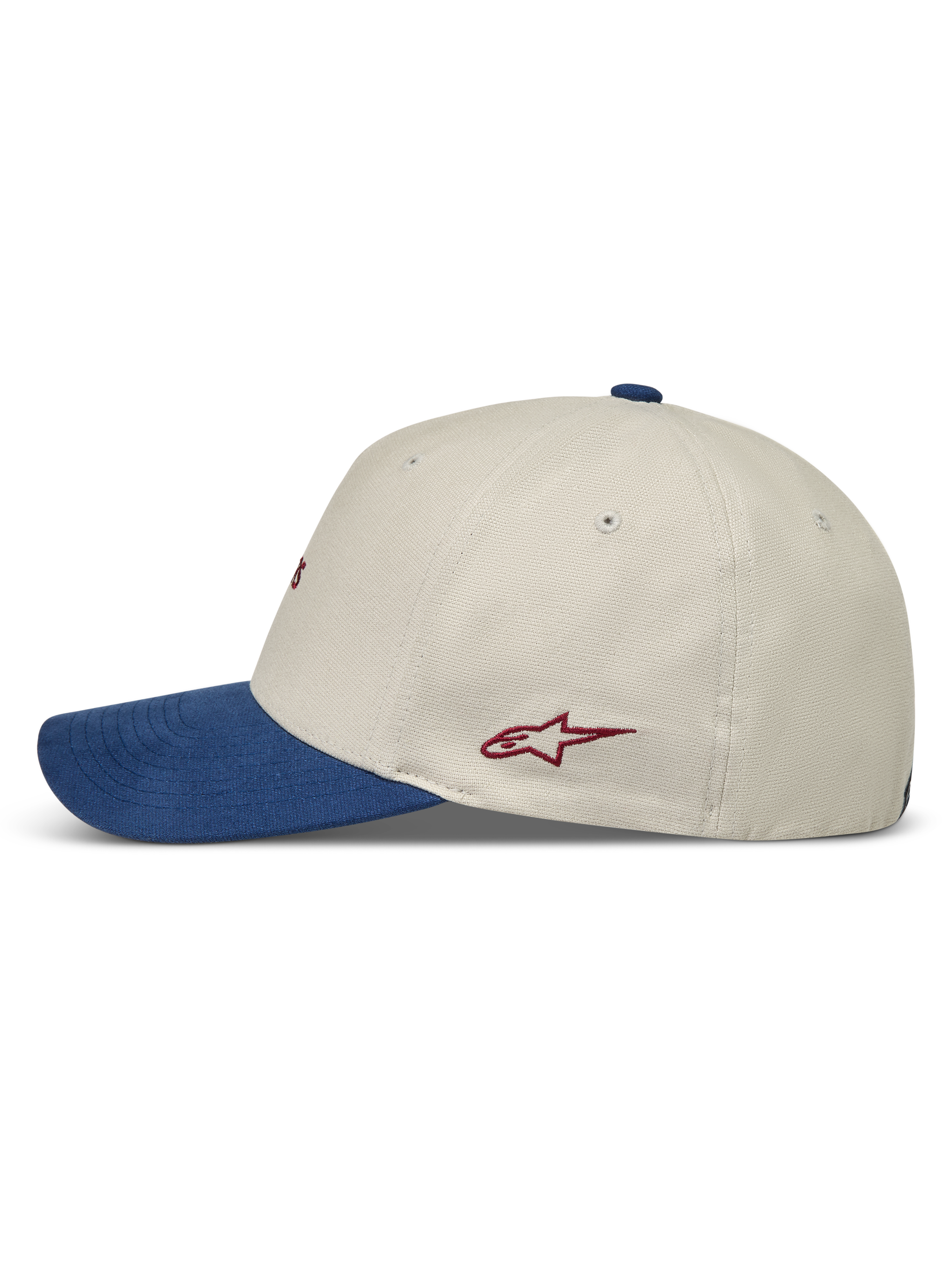 Alpinestars County Canvas Casquette, casquette sportswear sable et bleue de profil, visière courbée et logo Astars rouge.