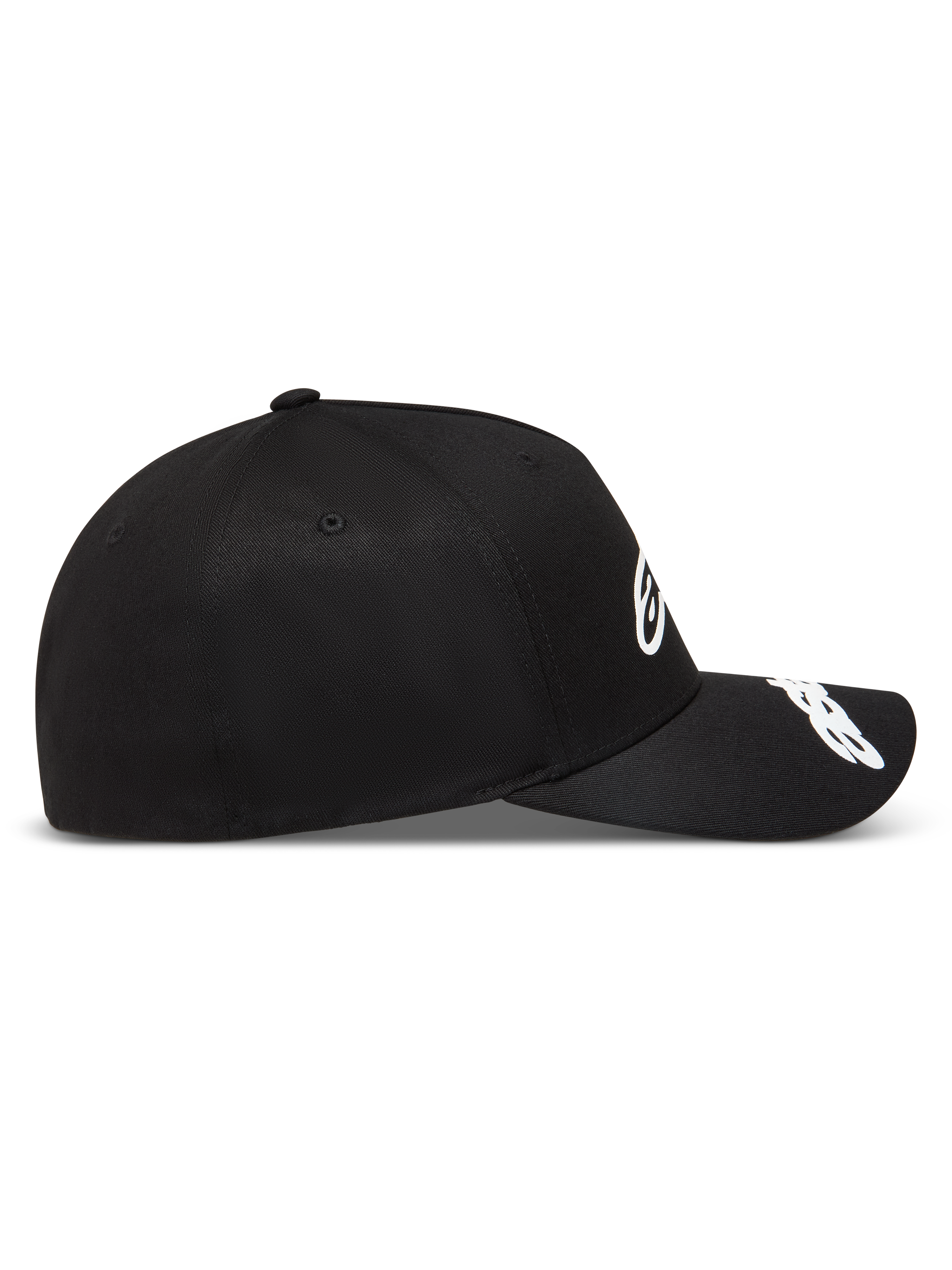 Alpinestars Arclight Casquette, casquette sportswear noire et blanche avec logos en relief, vue de profil