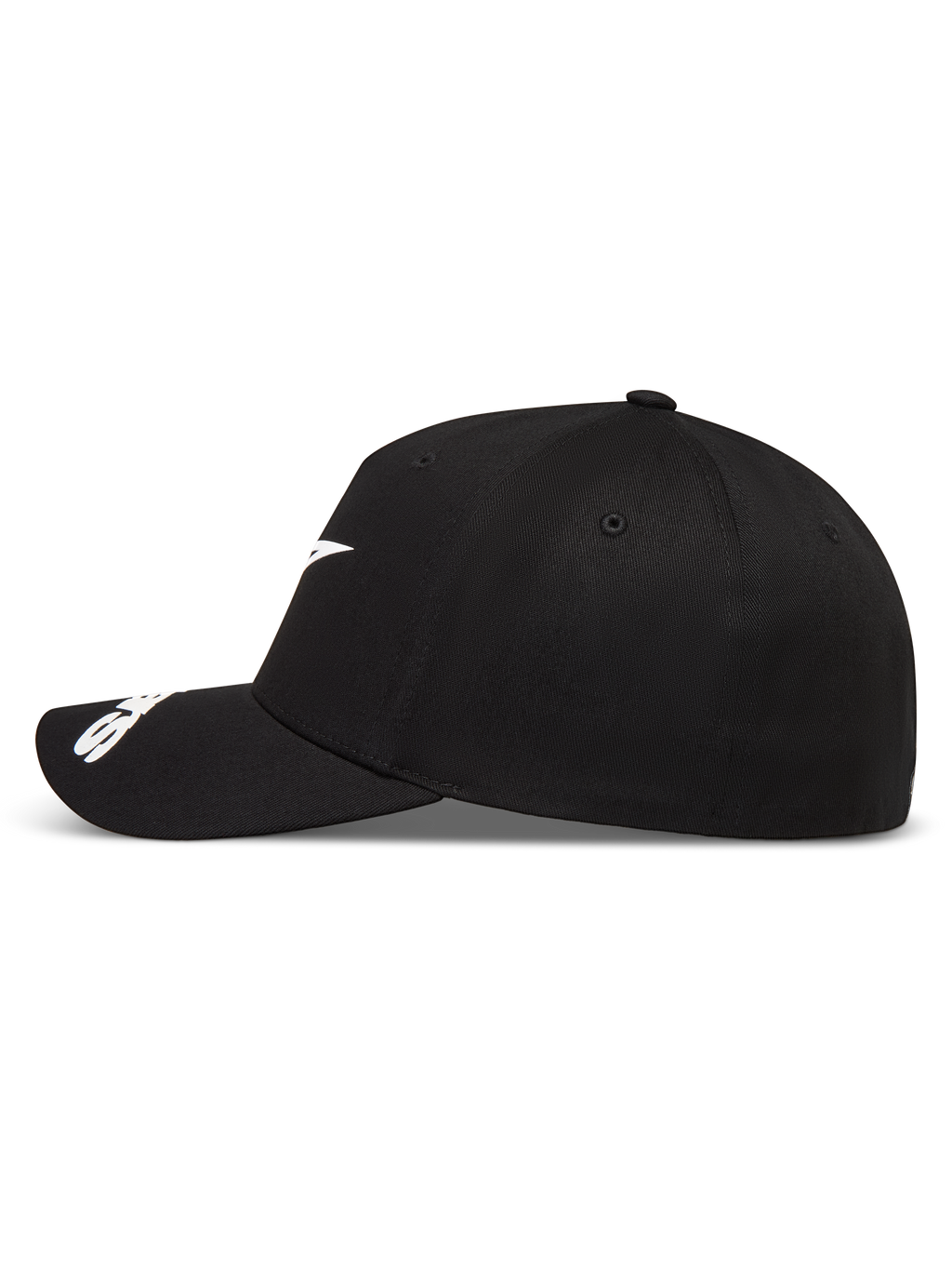 Alpinestars Arclight, casquette de sportswear noire et blanche, vue de profil avec visière incurvée et couronne structurée, logo Astars blanc