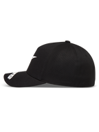 Alpinestars Arclight, casquette de sportswear noire et blanche, vue de profil avec visière incurvée et couronne structurée, logo Astars blanc