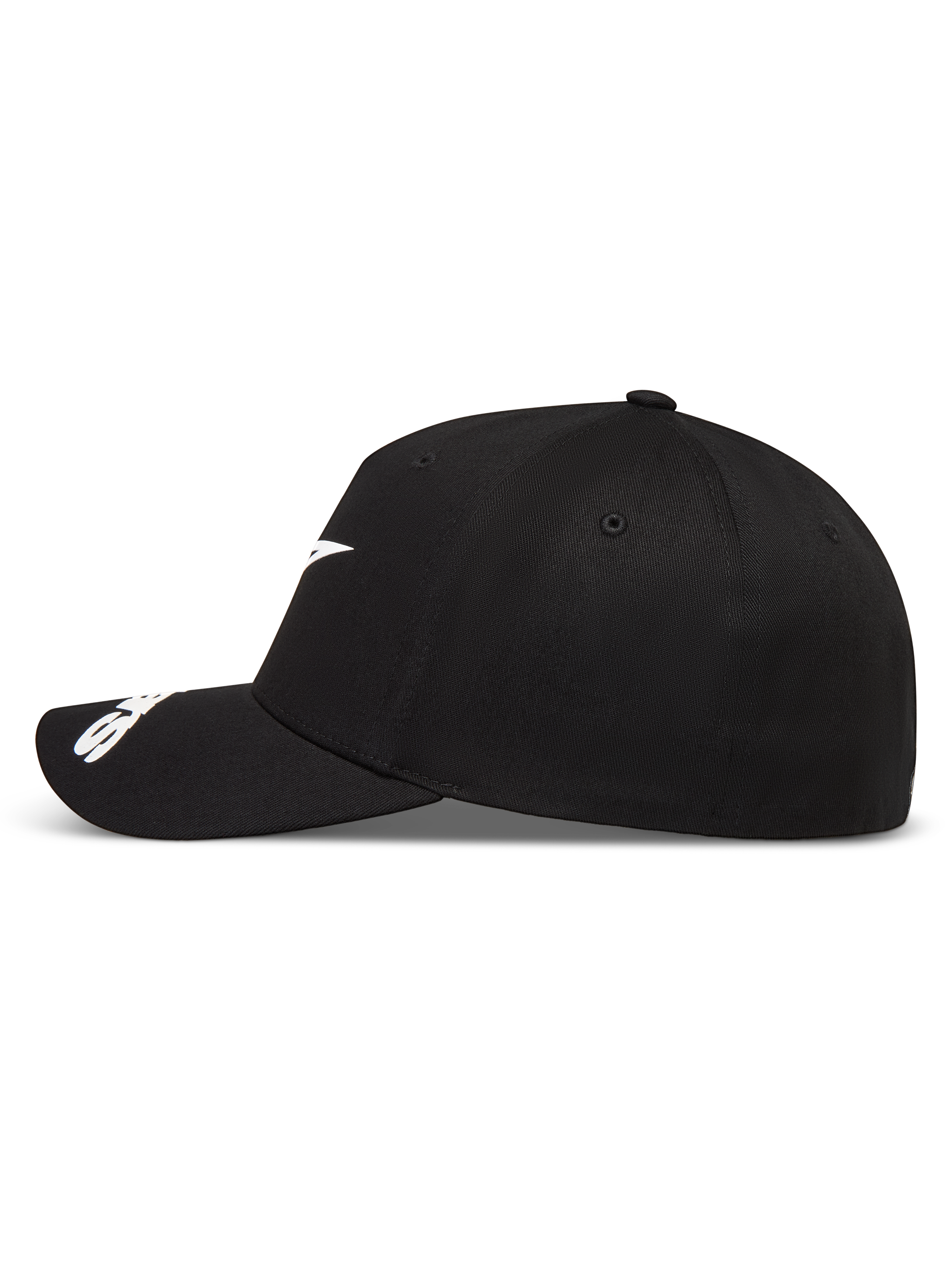 Alpinestars Arclight, casquette de sportswear noire et blanche, vue de profil avec visière incurvée et couronne structurée, logo Astars blanc