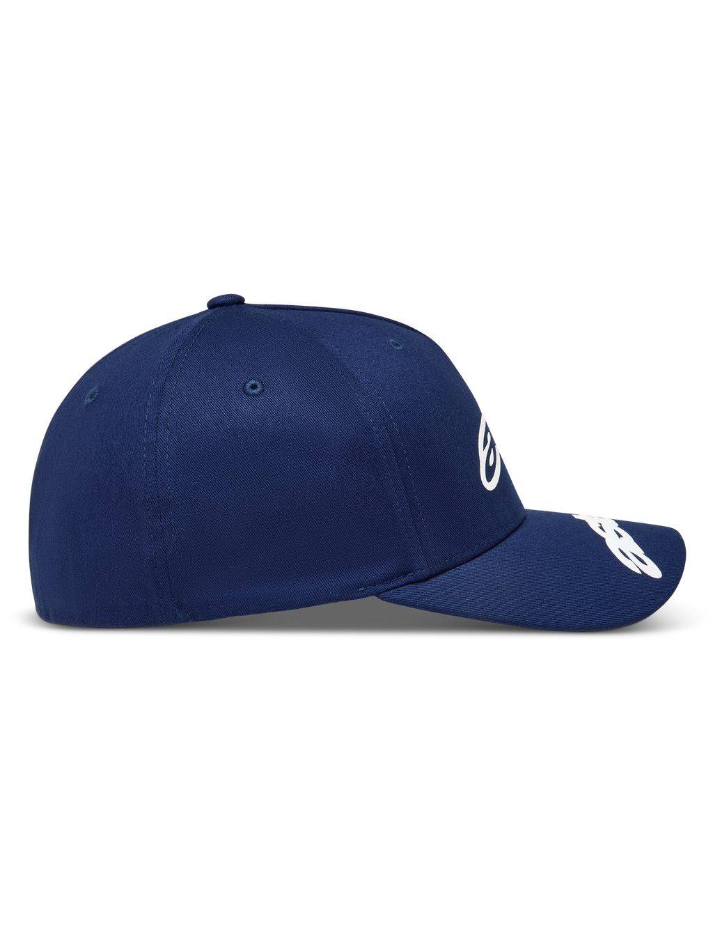 Alpinestars Arclight Hat, navy blue twill sportswear baseball cap with a curved bill and structured crown, side profile.
