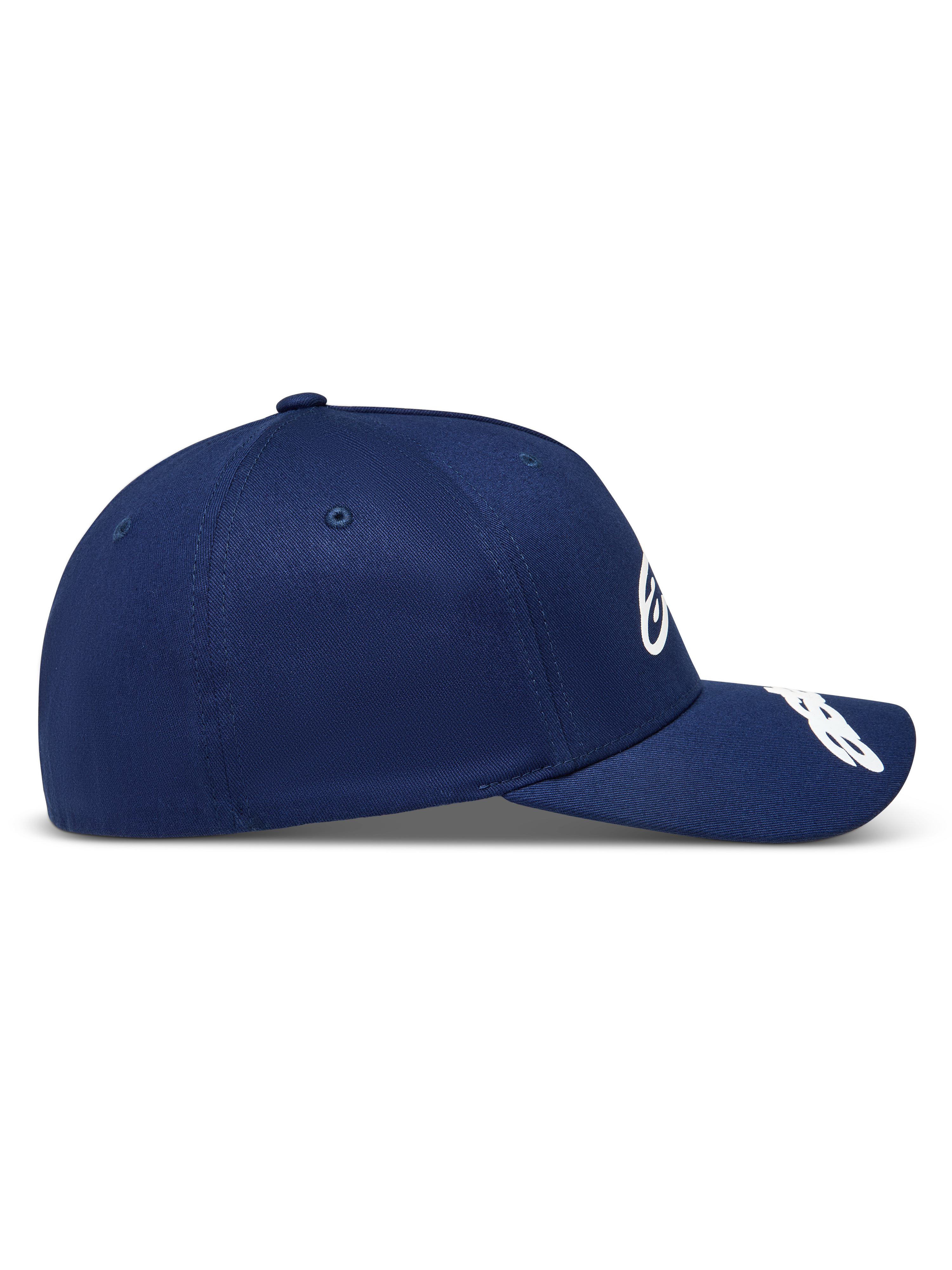 Alpinestars Arclight Hat, navy blue twill sportswear baseball cap with a curved bill and structured crown, side profile.