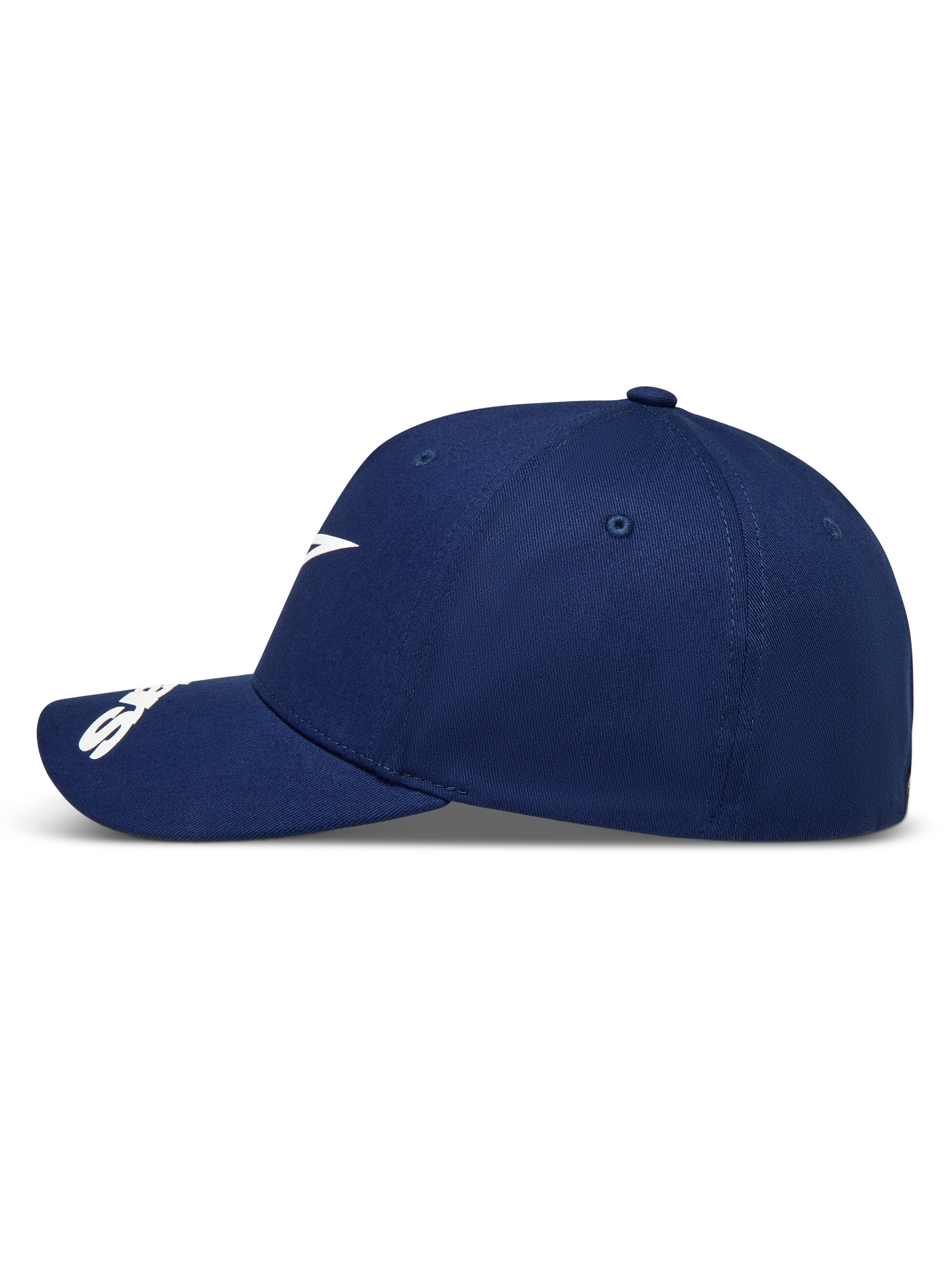 Alpinestars Arclight Hat, Navy Blue Sportswear Baseball Cap, Side Profile with White Logo and Curved Bill.
