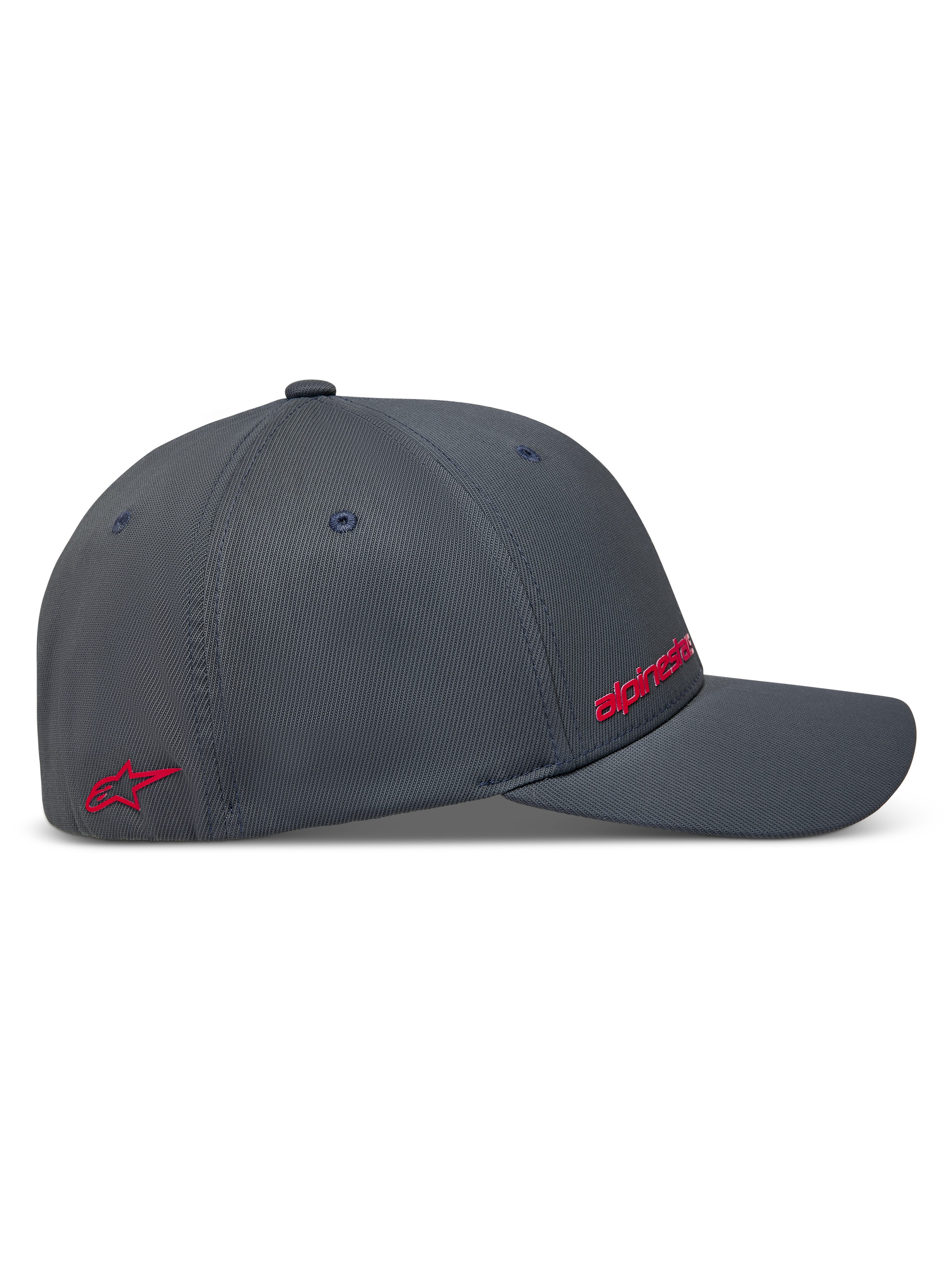 Alpinestars Points Casquette, casquette de sportswear gris foncé, vue de profil avec logos rouges en impression HD et tissu en nylon tactel.