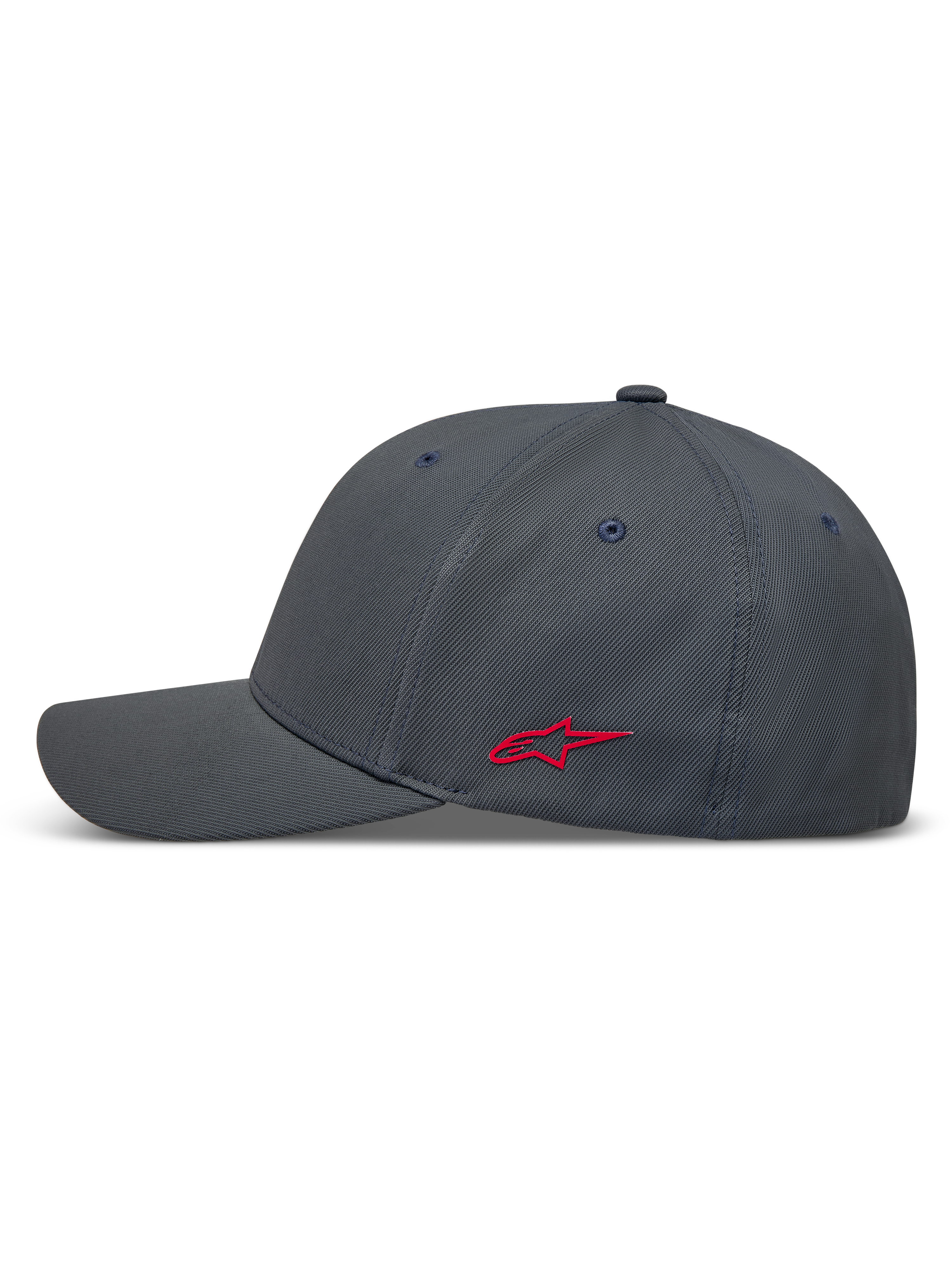 Alpinestars Points, casquette sportswear gris foncé avec logo latéral rouge, tissu technique nylon tactel et dos flexible.