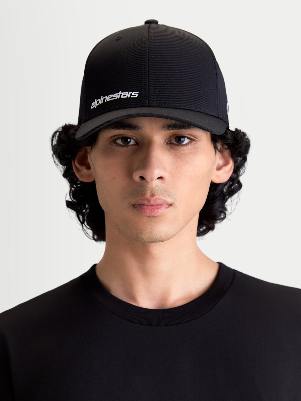 Alpinestars Points Hat, Sportswear Baseball Cap for Men and Women, Black and White, Lightweight Nylon Tactel Fabric, Flex-back Fit, Front View on Model.