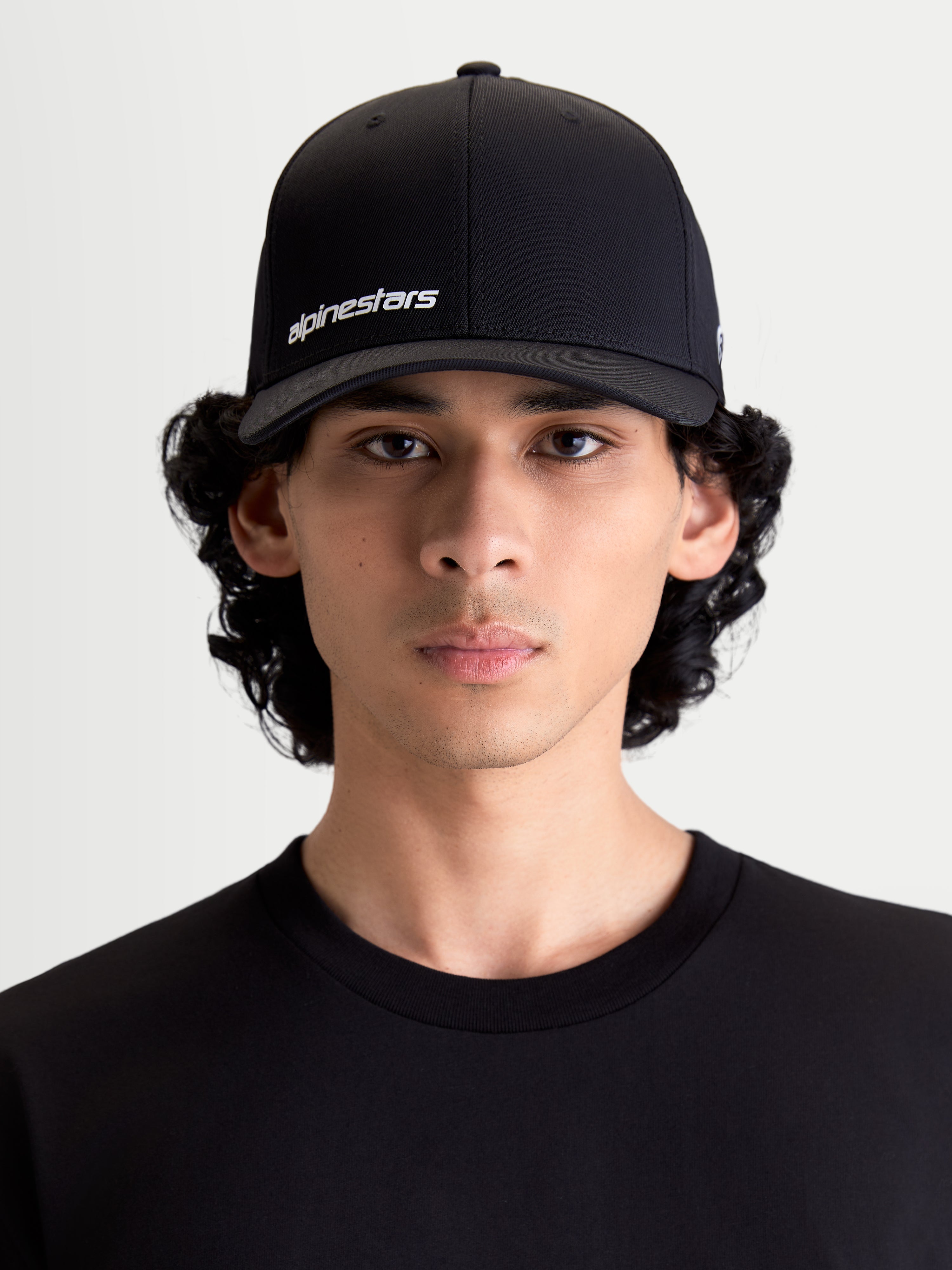 Alpinestars Points Hat, Sportswear Baseball Cap for Men and Women, Black and White, Lightweight Nylon Tactel Fabric, Flex-back Fit, Front View on Model.
