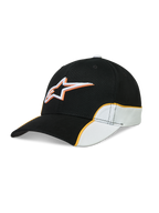 Alpinestars Casquette 500 Snapback, casquette de sportswear unisexe au style motorsport, noire et blanche avec passepoil orange, visière incurvée et logo Astars brodé en 3D, sergé de coton