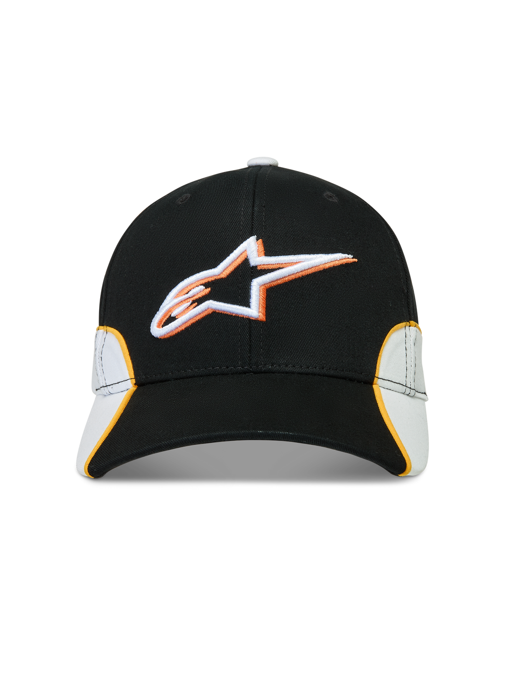 Alpinestars Casquette 500 Snapback, casquette de sportswear inspirée du motorsport, noire et blanche avec détails orange, logo Astars brodé en 3D, visière incurvée et couronne structurée en sergé de coton
