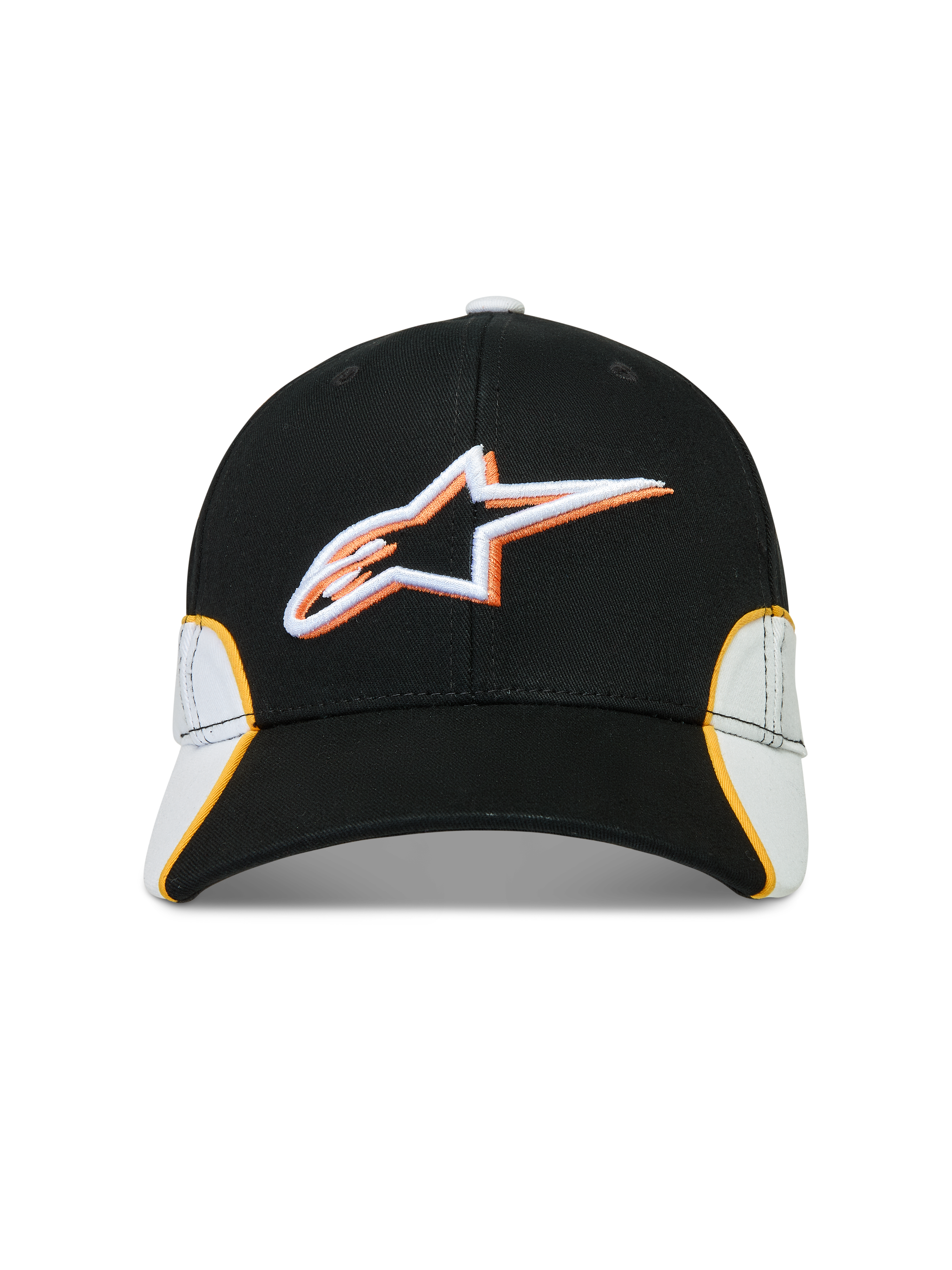 Alpinestars Casquette 500 Snapback, casquette de sportswear inspirée du motorsport, noire et blanche avec détails orange, logo Astars brodé en 3D, visière incurvée et couronne structurée en sergé de coton